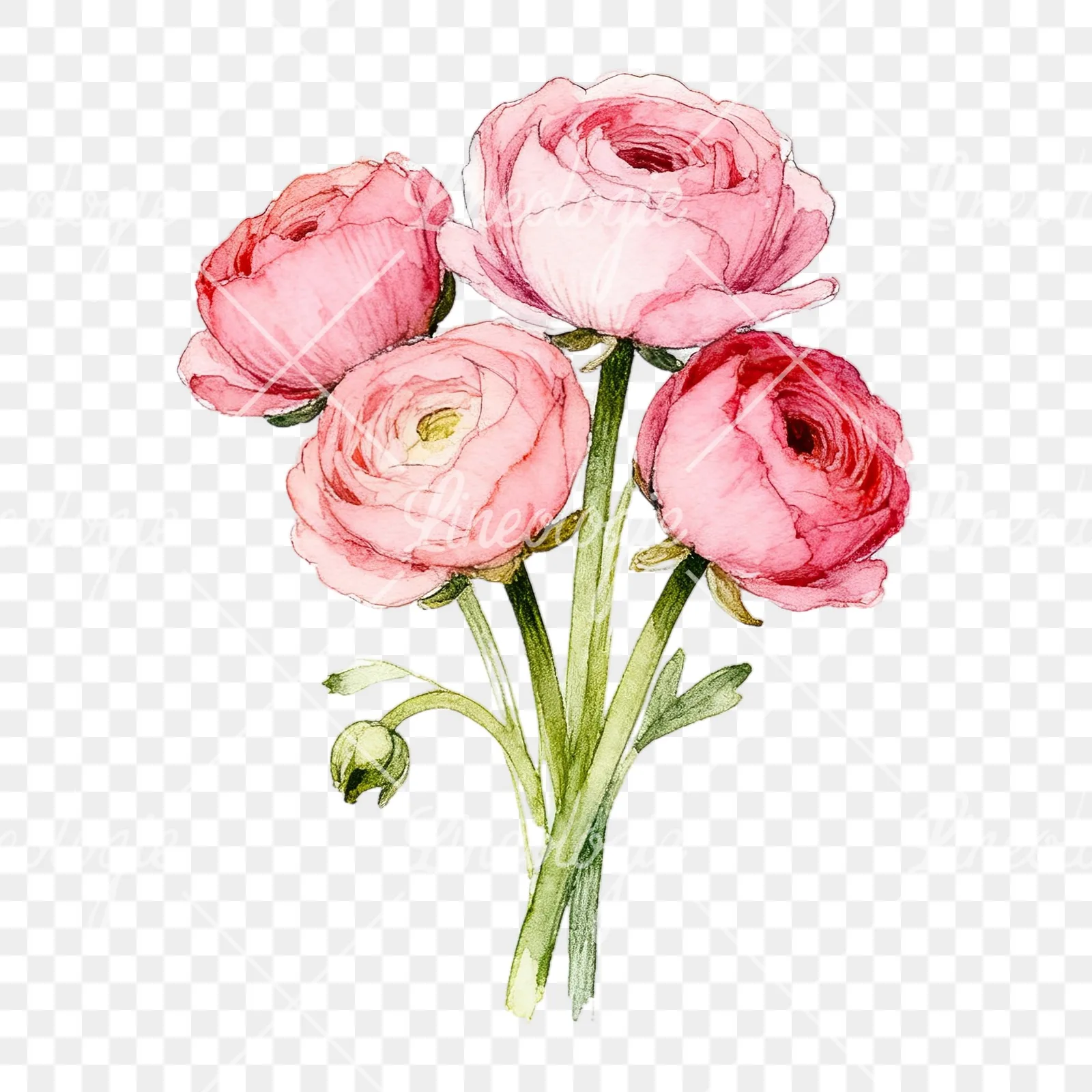 Watercolor blush pink ranunculus bouquet clipart 3 of 9 on a transparent background (PNG)