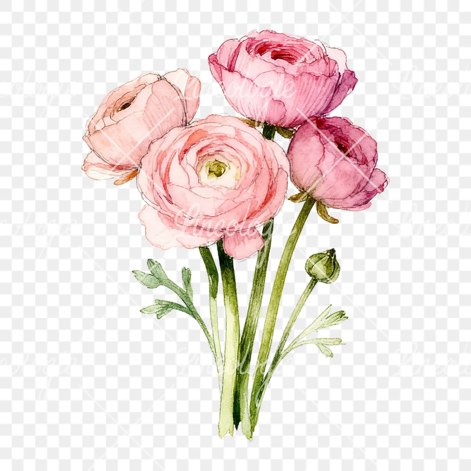 Watercolor blush pink ranunculus bouquet clipart 5 of 9 on a transparent background (PNG)