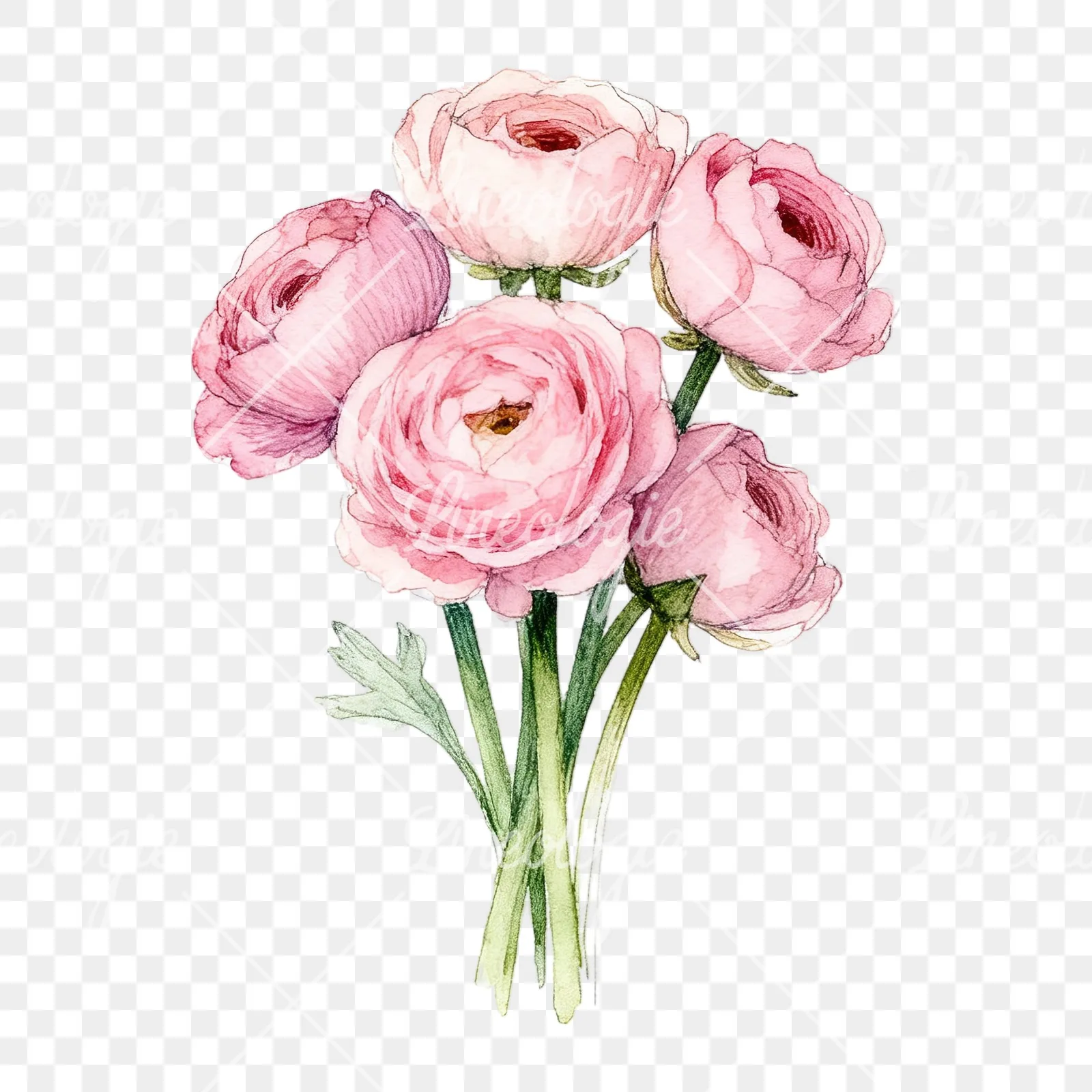 Watercolor blush pink ranunculus bouquet clipart 6 of 9 on a transparent background (PNG)