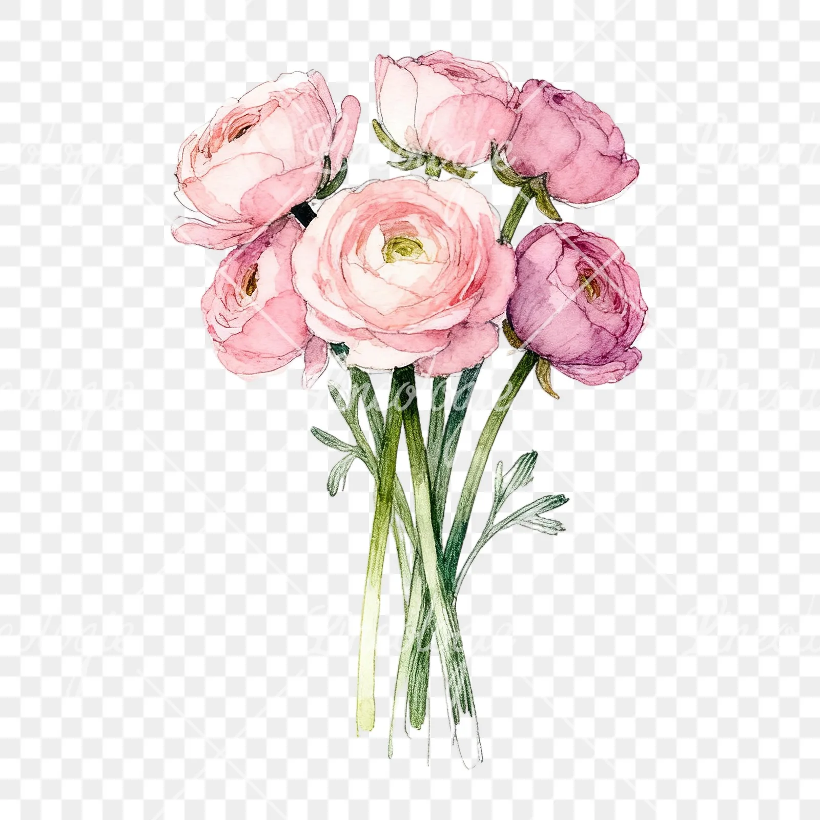 Watercolor blush pink ranunculus bouquet clipart 7 of 9 on a transparent background (PNG)