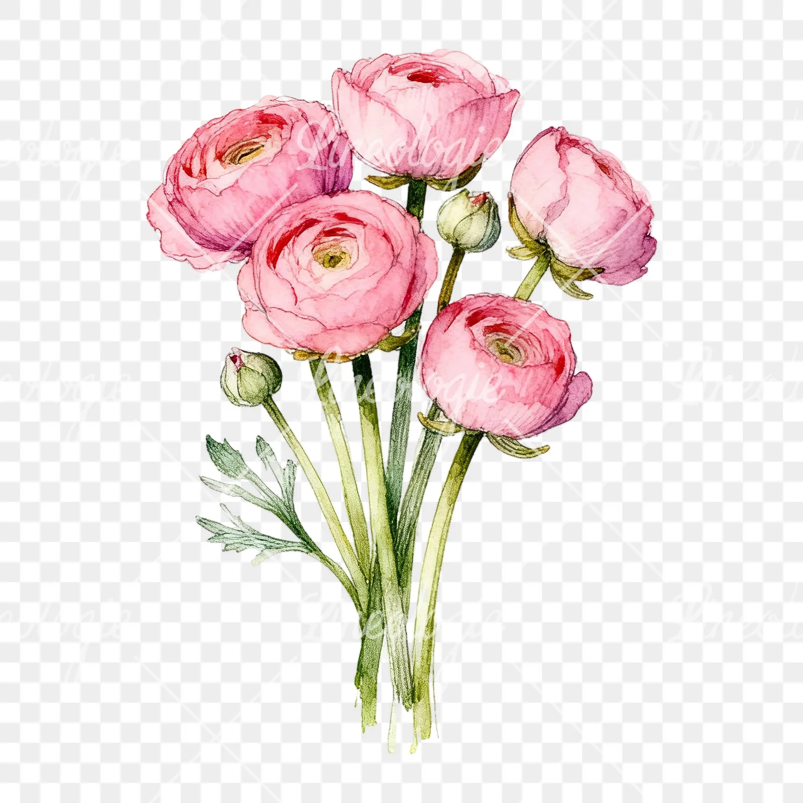 Watercolor blush pink ranunculus bouquet clipart 8 of 9 on a transparent background (PNG)