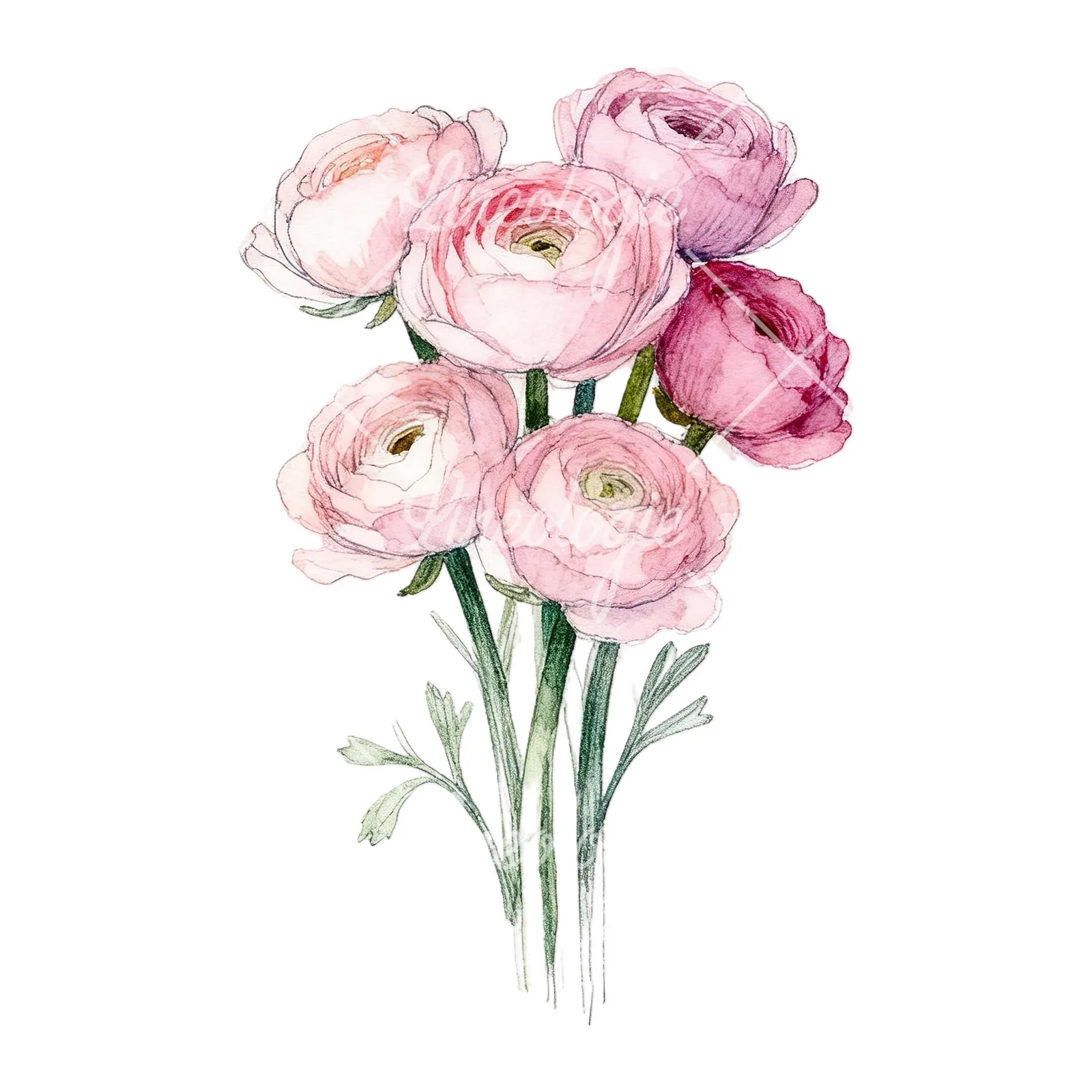 Watercolor blush pink ranunculus bouquet clipart 9 of 9 on a white background (JPG)