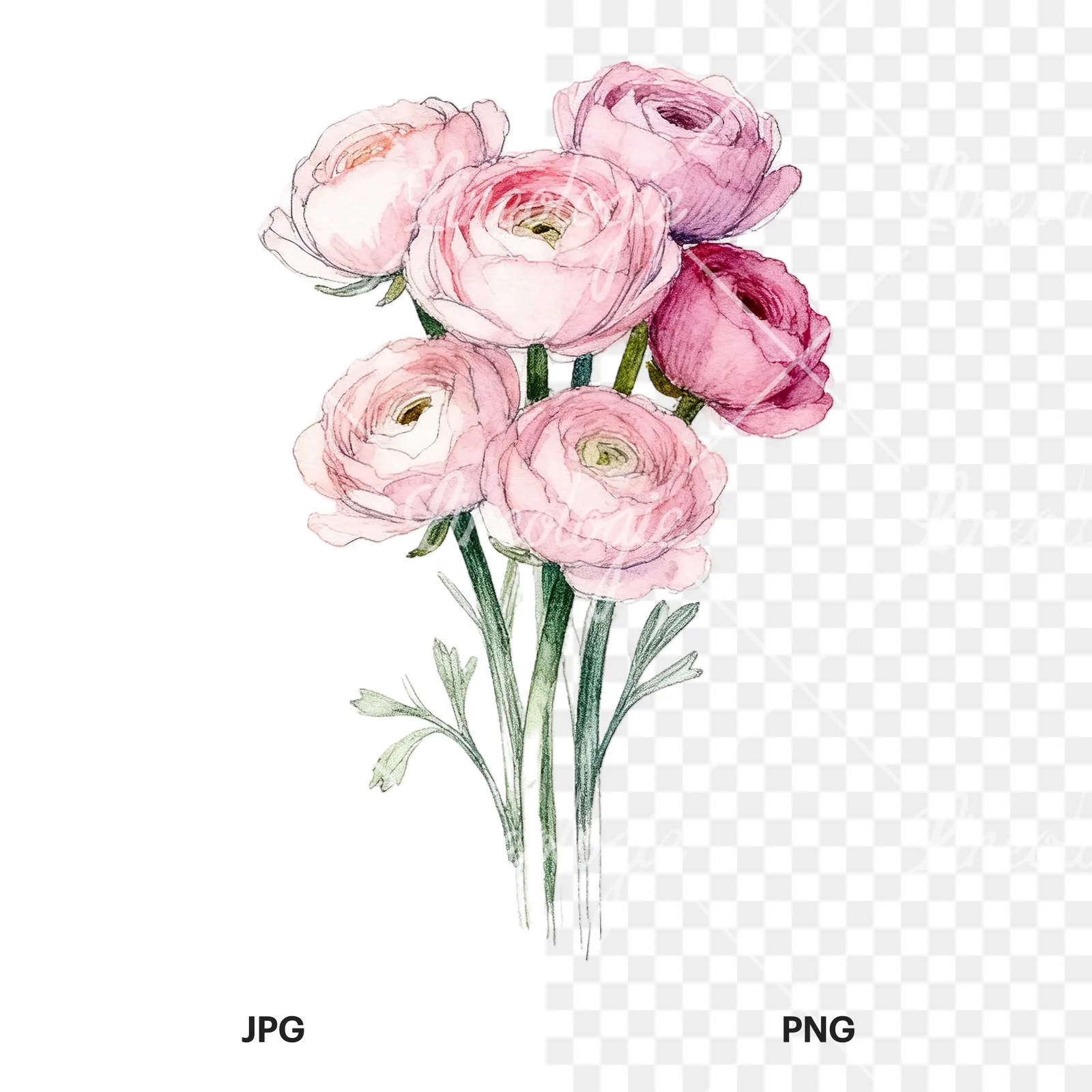 Watercolor blush pink ranunculus bouquet clipart 9 of 9, as a JPG on white and a transparent PNG