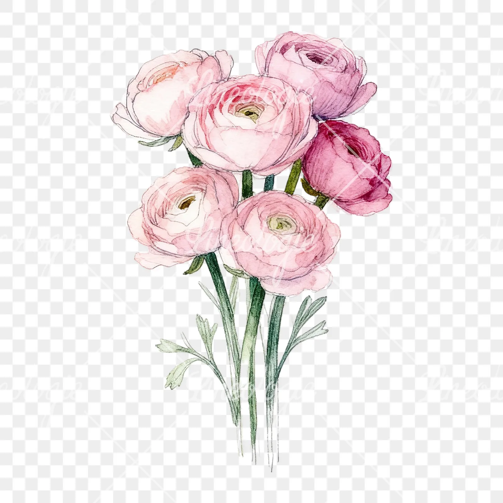Watercolor blush pink ranunculus bouquet clipart 9 of 9 on a transparent background (PNG)