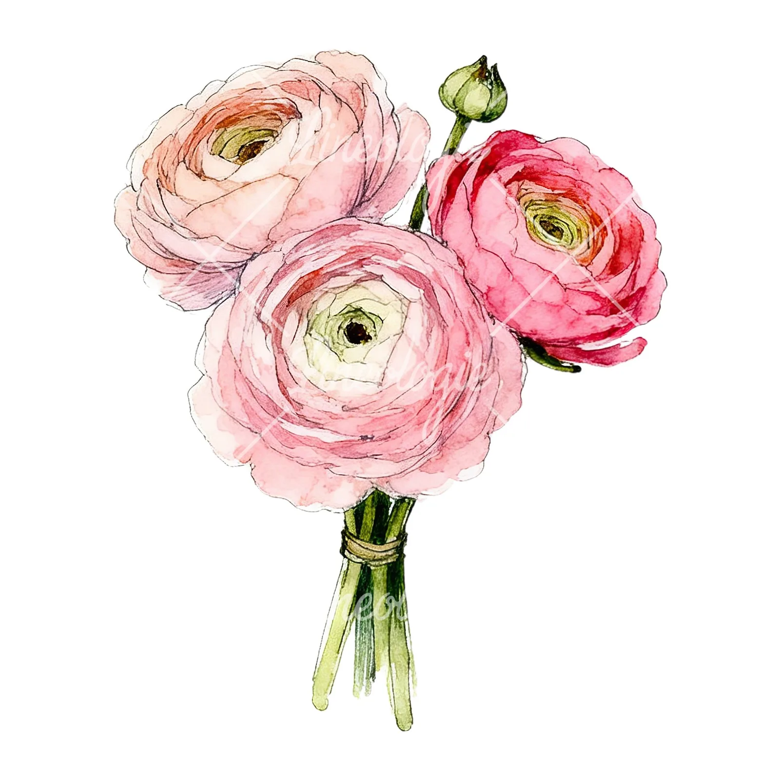 Watercolor pink ranunculus bouquet with sparse blooms clipart 1 of 9 on a white background (JPG)