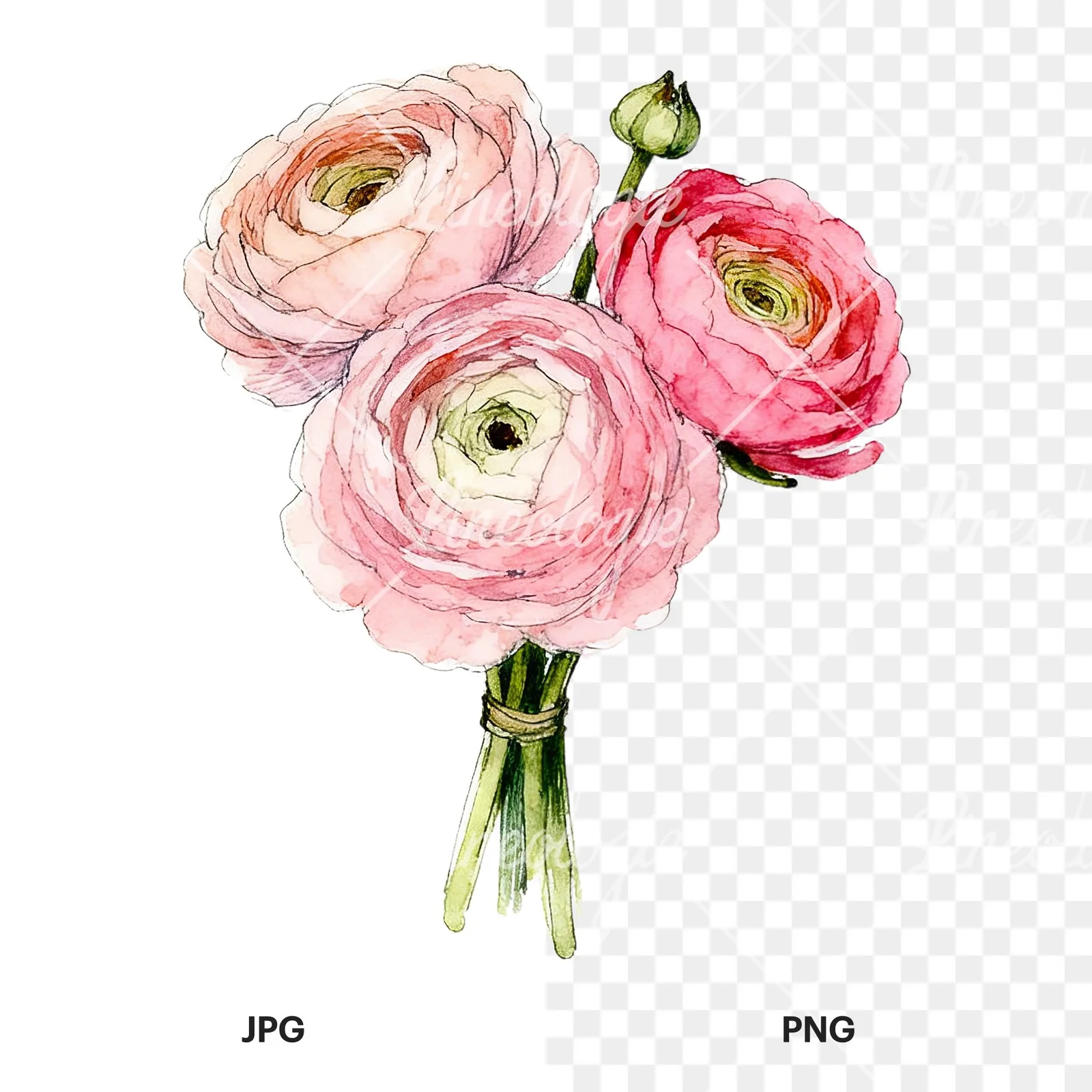 Watercolor pink ranunculus bouquet with sparse blooms clipart 1 of 9, as a JPG on white and a transparent PNG