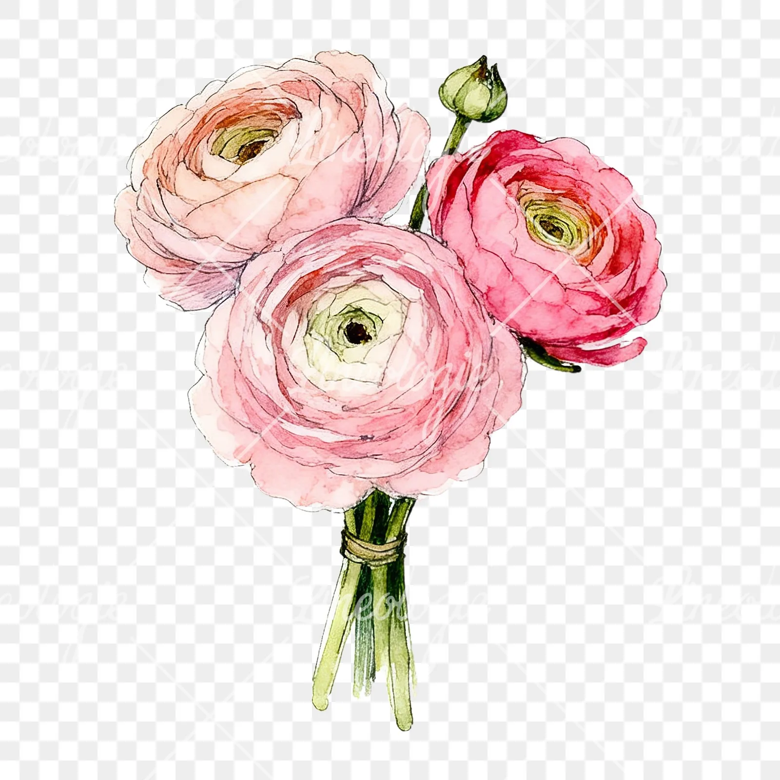 Watercolor pink ranunculus bouquet with sparse blooms clipart 1 of 9 on a transparent background (PNG)