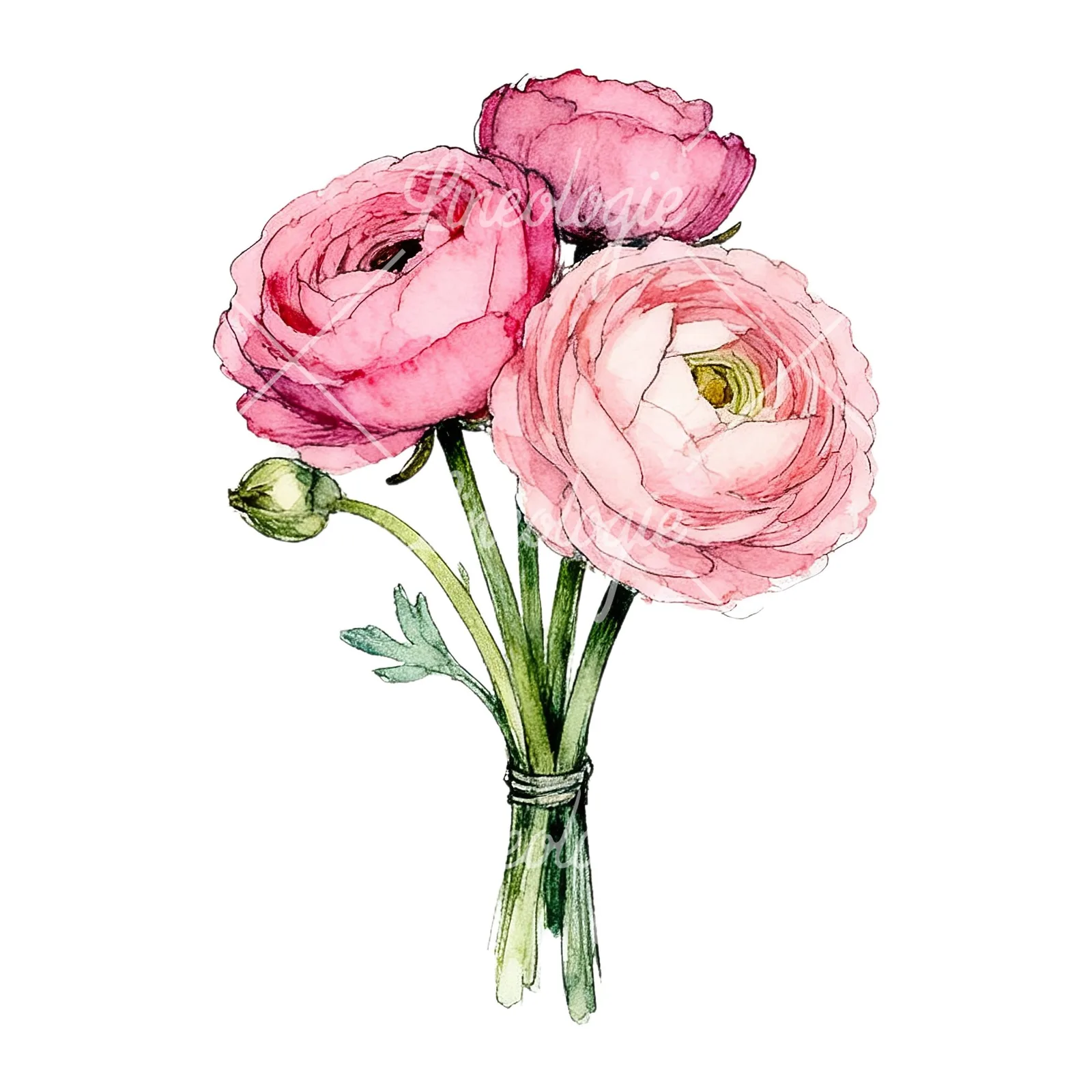 Watercolor pink ranunculus bouquet with sparse blooms clipart 2 of 9 on a white background (JPG)