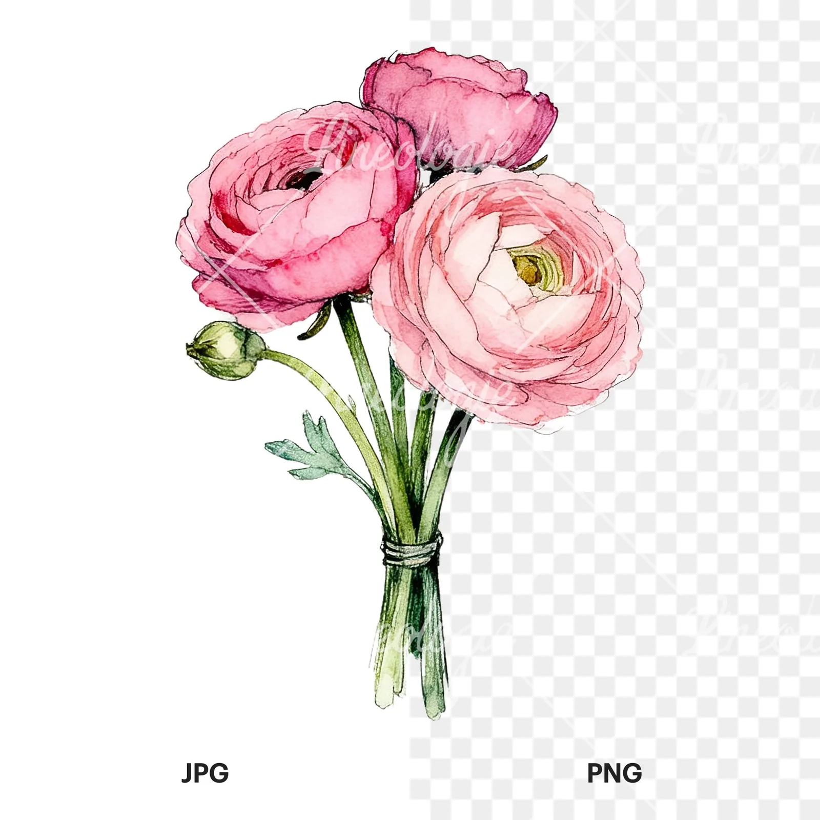 Watercolor pink ranunculus bouquet with sparse blooms clipart 2 of 9, as a JPG on white and a transparent PNG