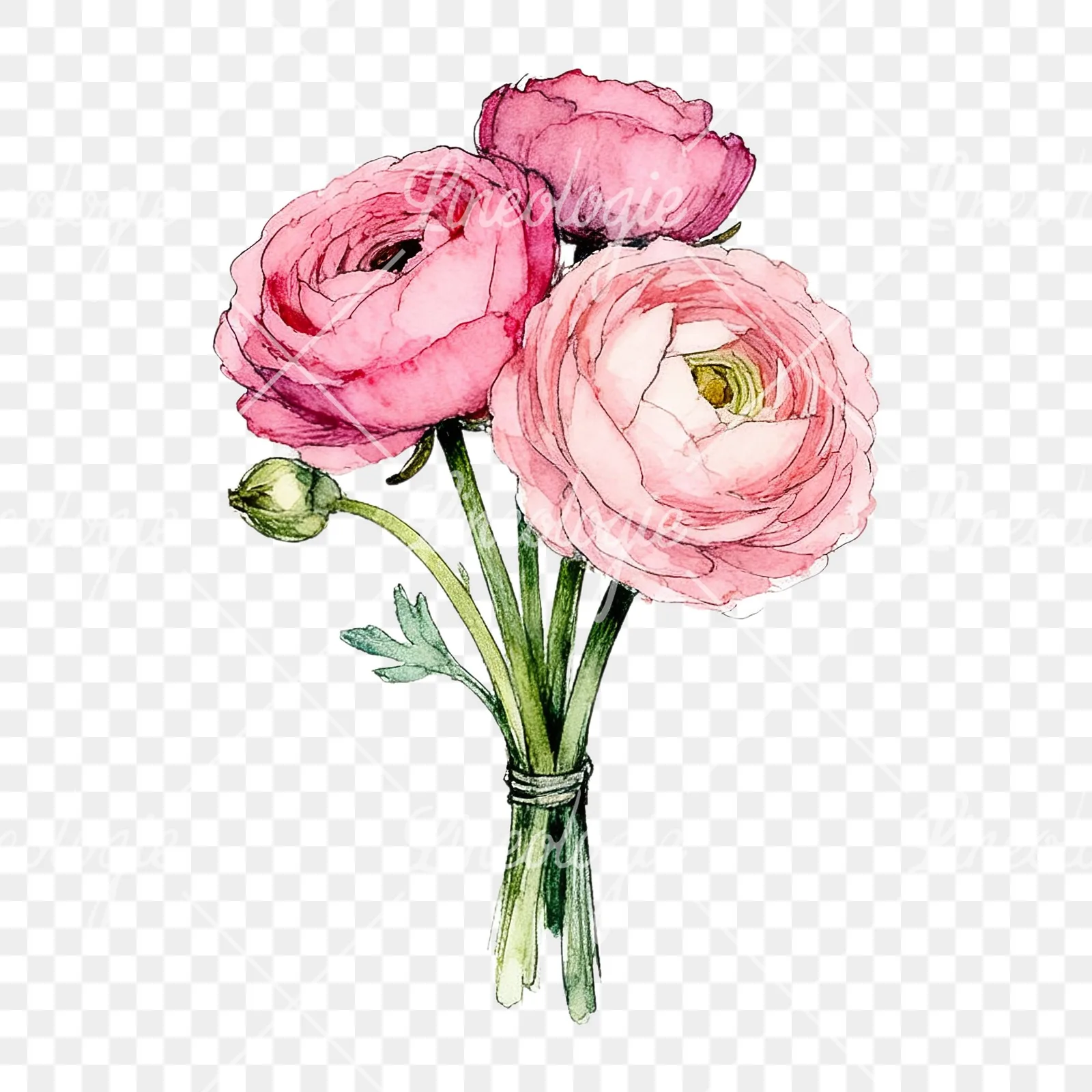 Watercolor pink ranunculus bouquet with sparse blooms clipart 2 of 9 on a transparent background (PNG)
