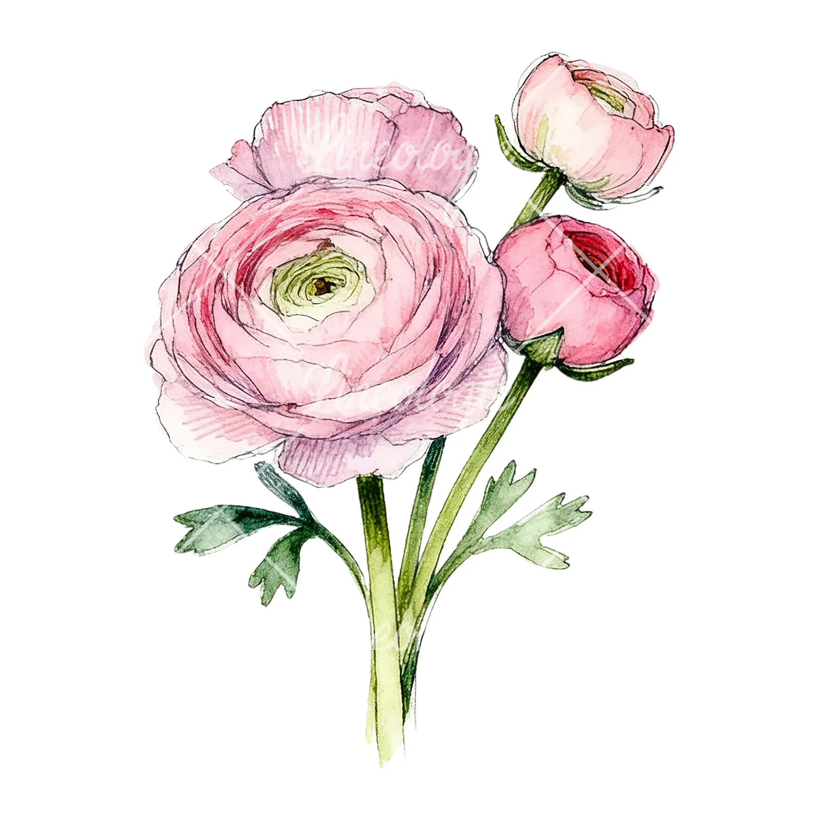 Watercolor pink ranunculus bouquet with sparse blooms clipart 3 of 9 on a white background (JPG)
