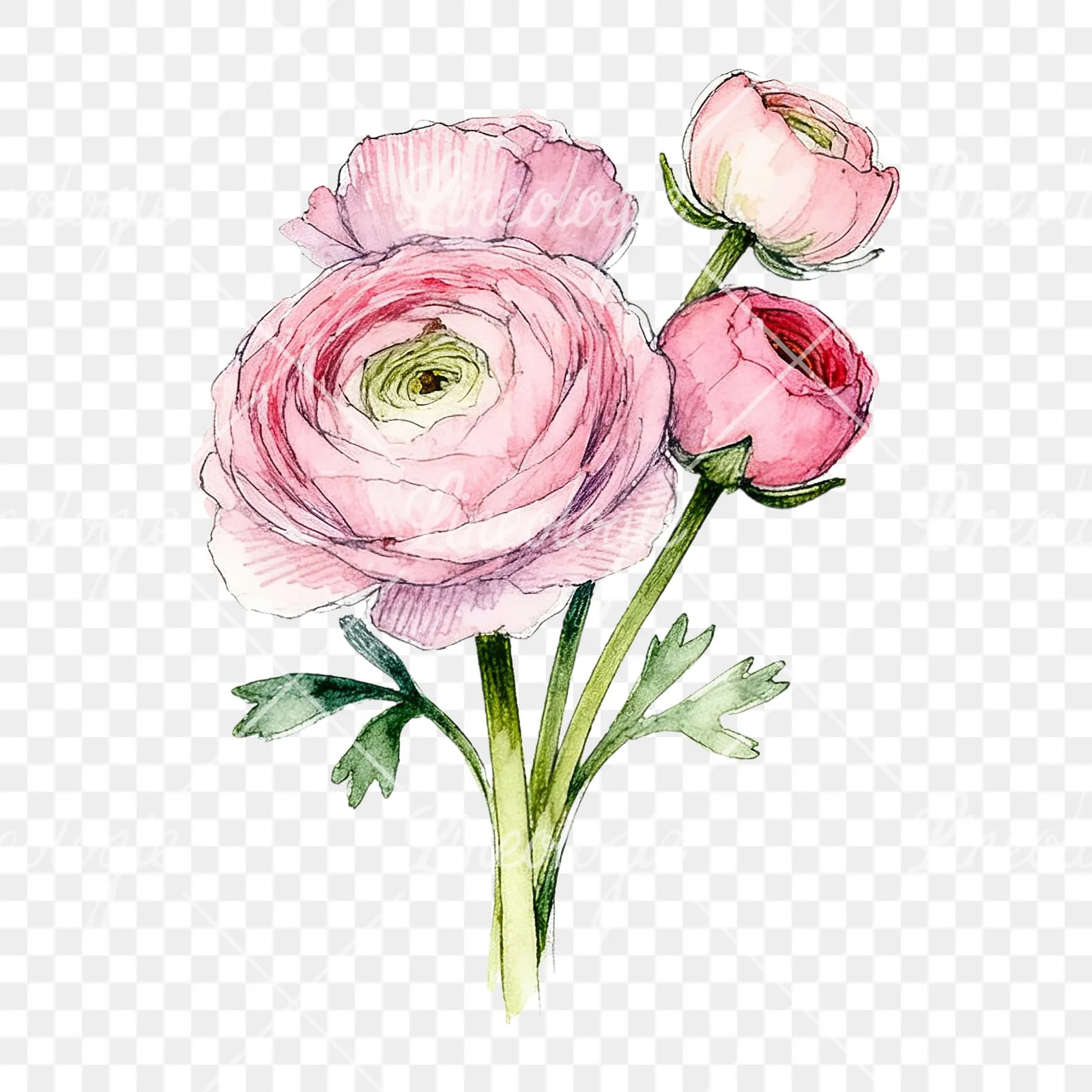 Watercolor pink ranunculus bouquet with sparse blooms clipart 3 of 9 on a transparent background (PNG)
