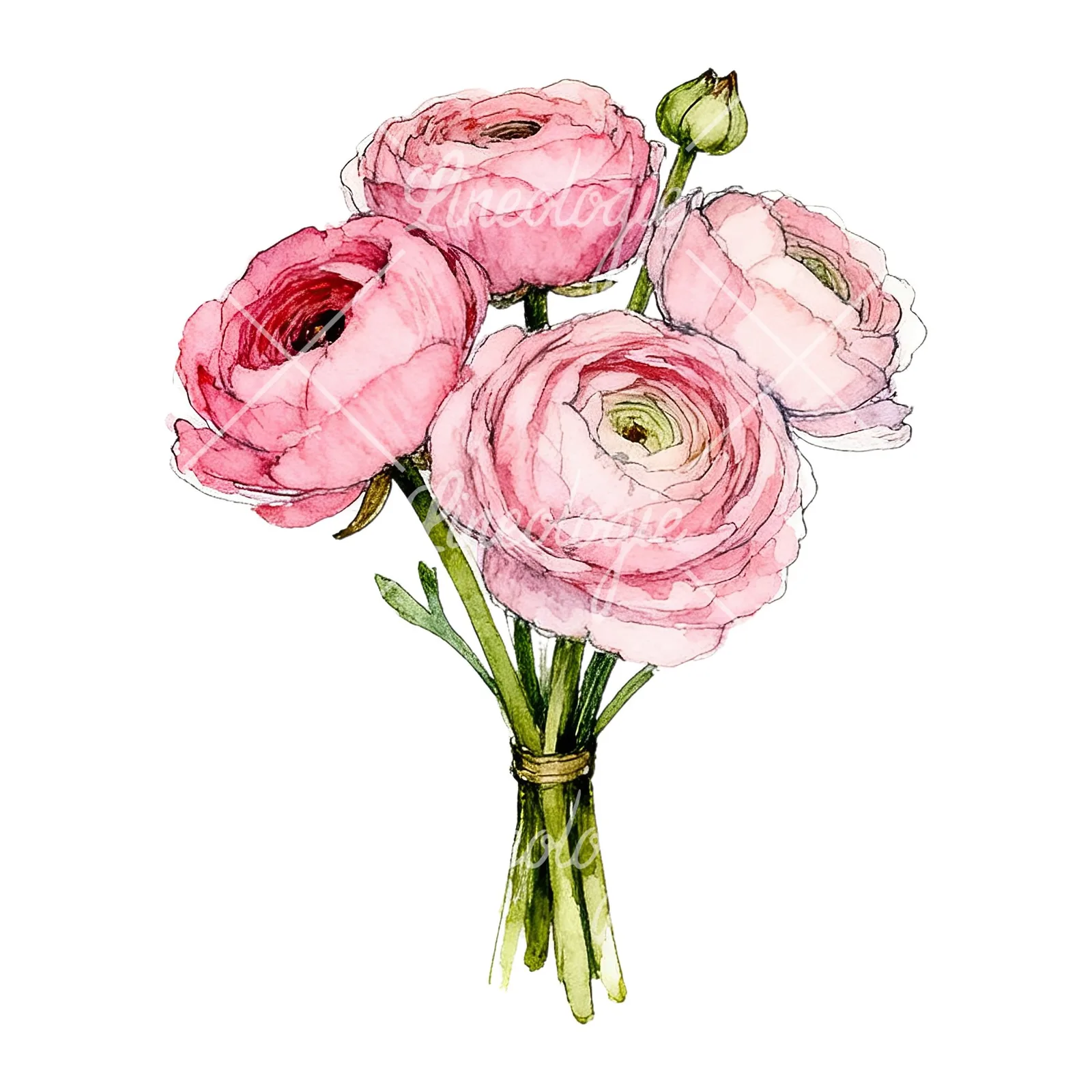 Watercolor pink ranunculus bouquet with sparse blooms clipart 4 of 9 on a white background (JPG)