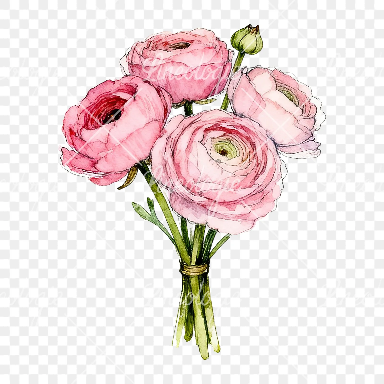 Watercolor pink ranunculus bouquet with sparse blooms clipart 4 of 9 on a transparent background (PNG)