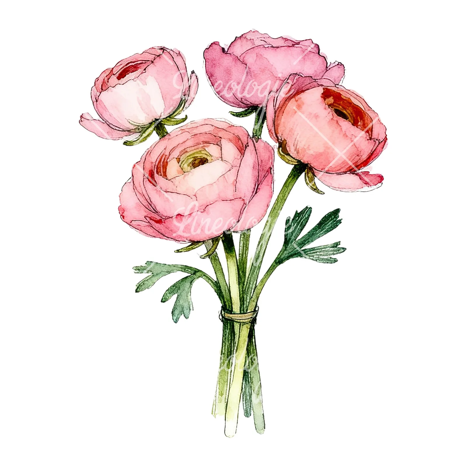 Watercolor pink ranunculus bouquet with sparse blooms clipart 5 of 9 on a white background (JPG)