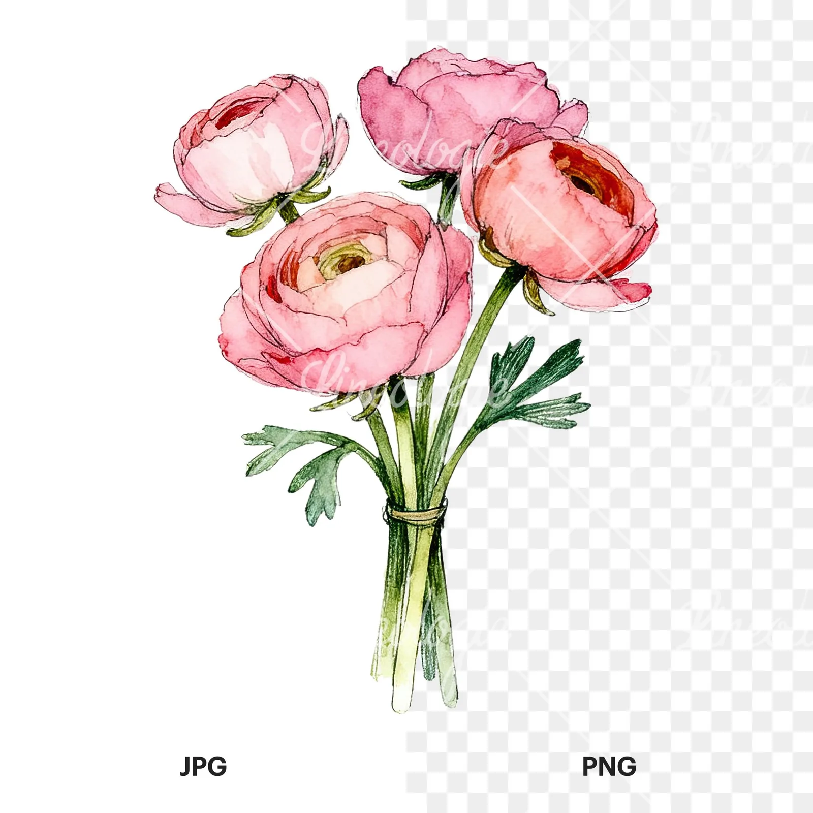 Watercolor pink ranunculus bouquet with sparse blooms clipart 5 of 9, as a JPG on white and a transparent PNG