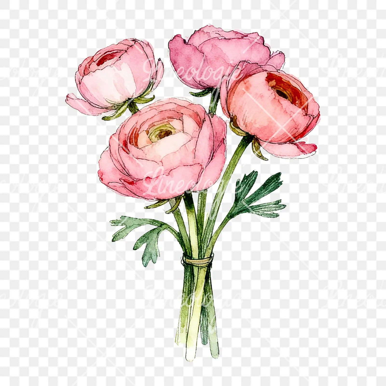 Watercolor pink ranunculus bouquet with sparse blooms clipart 5 of 9 on a transparent background (PNG)
