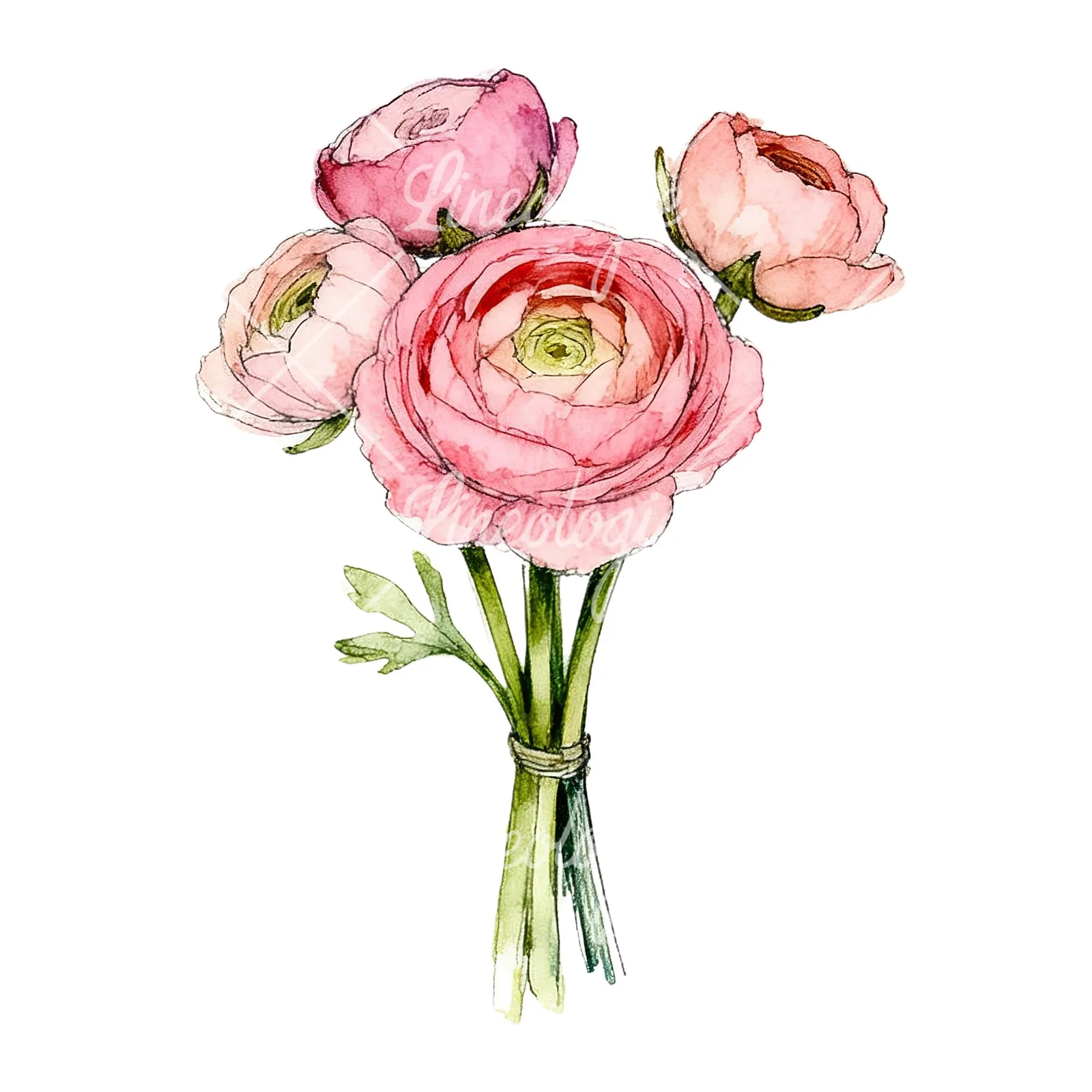 Watercolor pink ranunculus bouquet with sparse blooms clipart 6 of 9 on a white background (JPG)