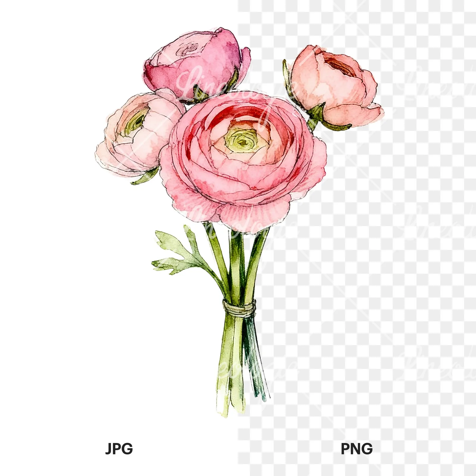 Watercolor pink ranunculus bouquet with sparse blooms clipart 6 of 9, as a JPG on white and a transparent PNG