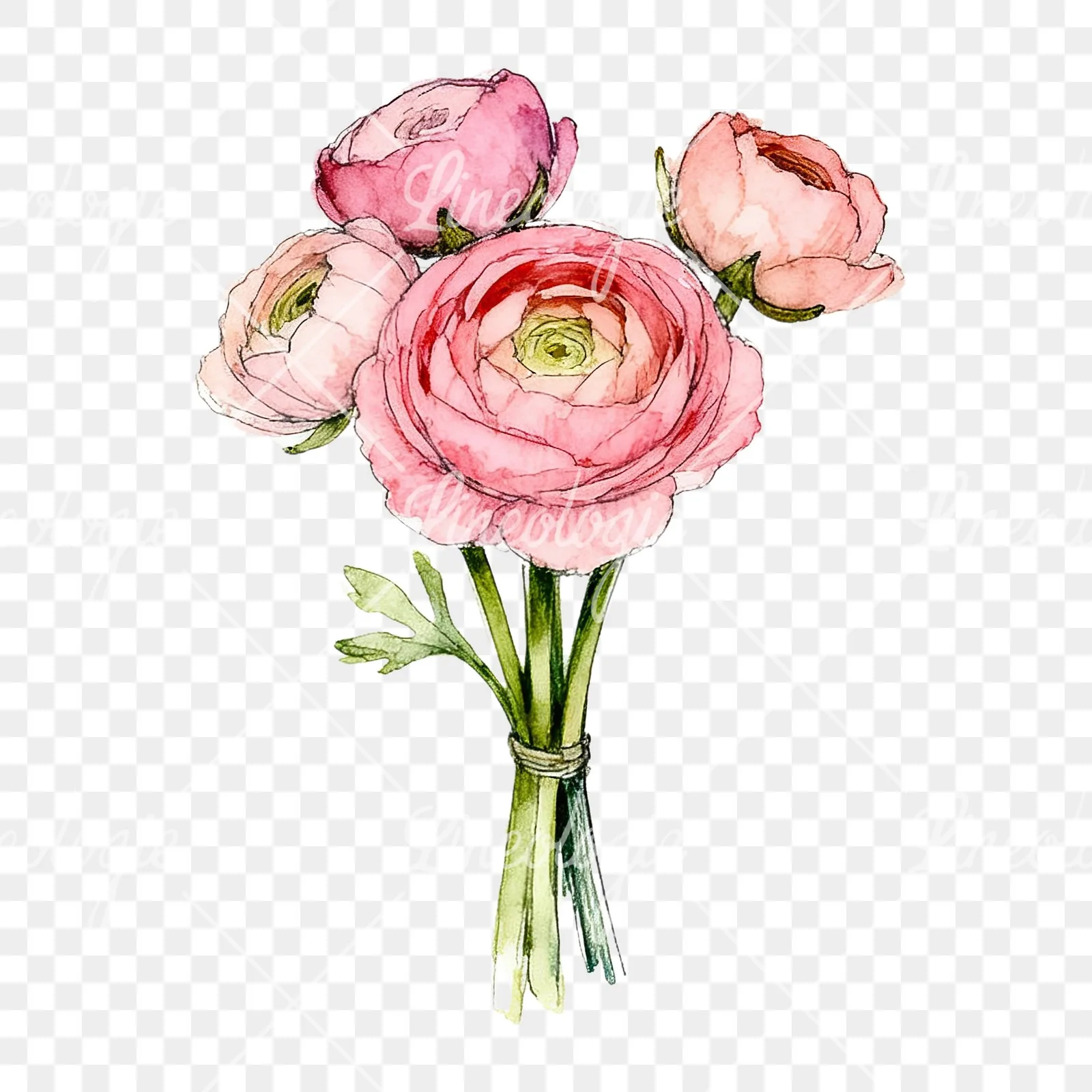 Watercolor pink ranunculus bouquet with sparse blooms clipart 6 of 9 on a transparent background (PNG)
