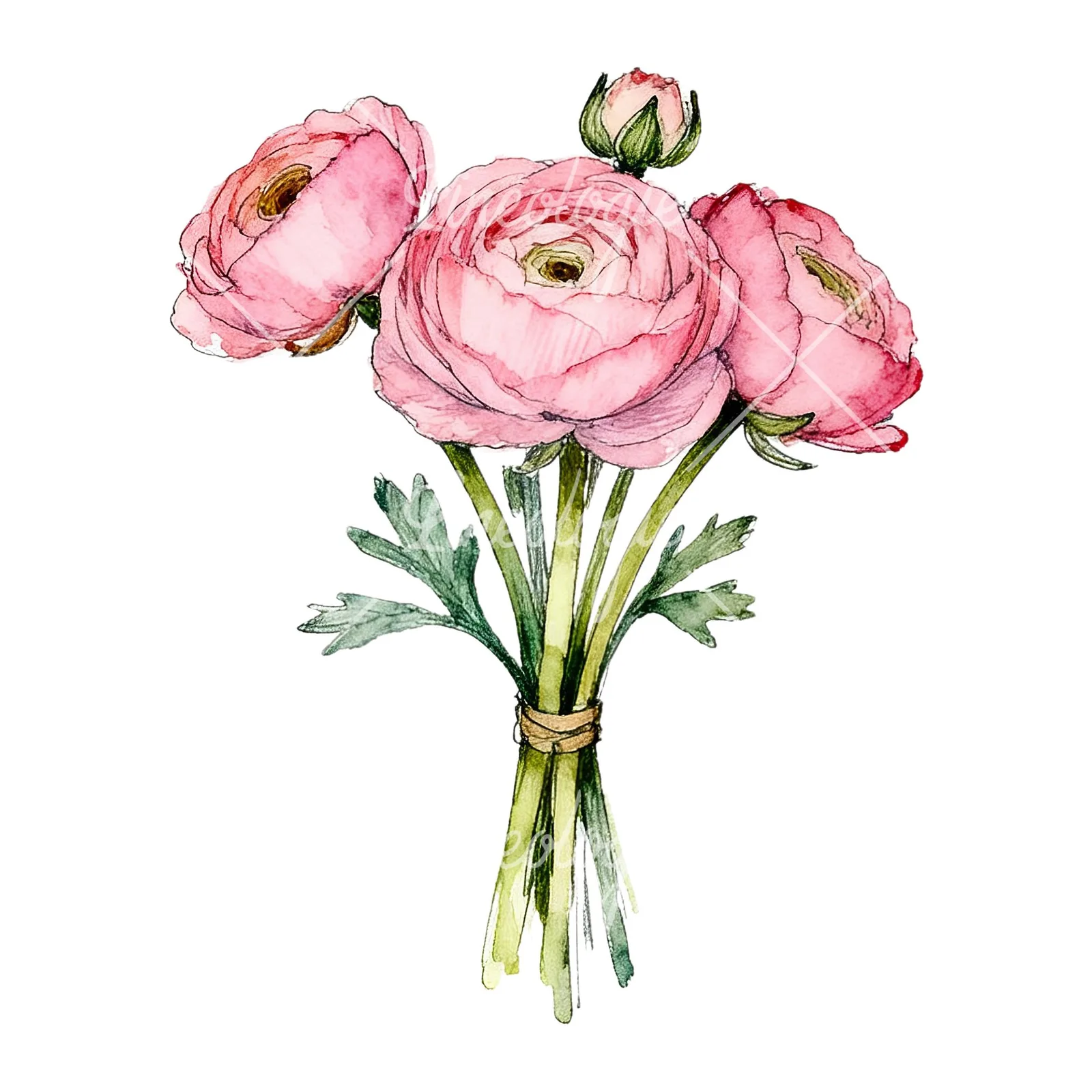 Watercolor pink ranunculus bouquet with sparse blooms clipart 7 of 9 on a white background (JPG)