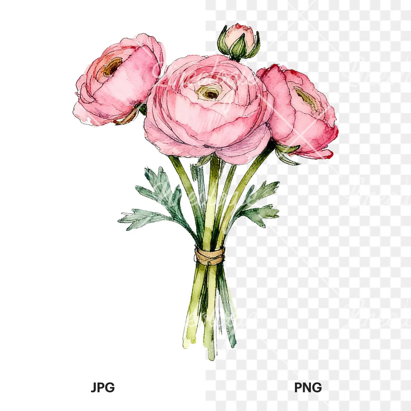 Watercolor pink ranunculus bouquet with sparse blooms clipart 7 of 9, as a JPG on white and a transparent PNG