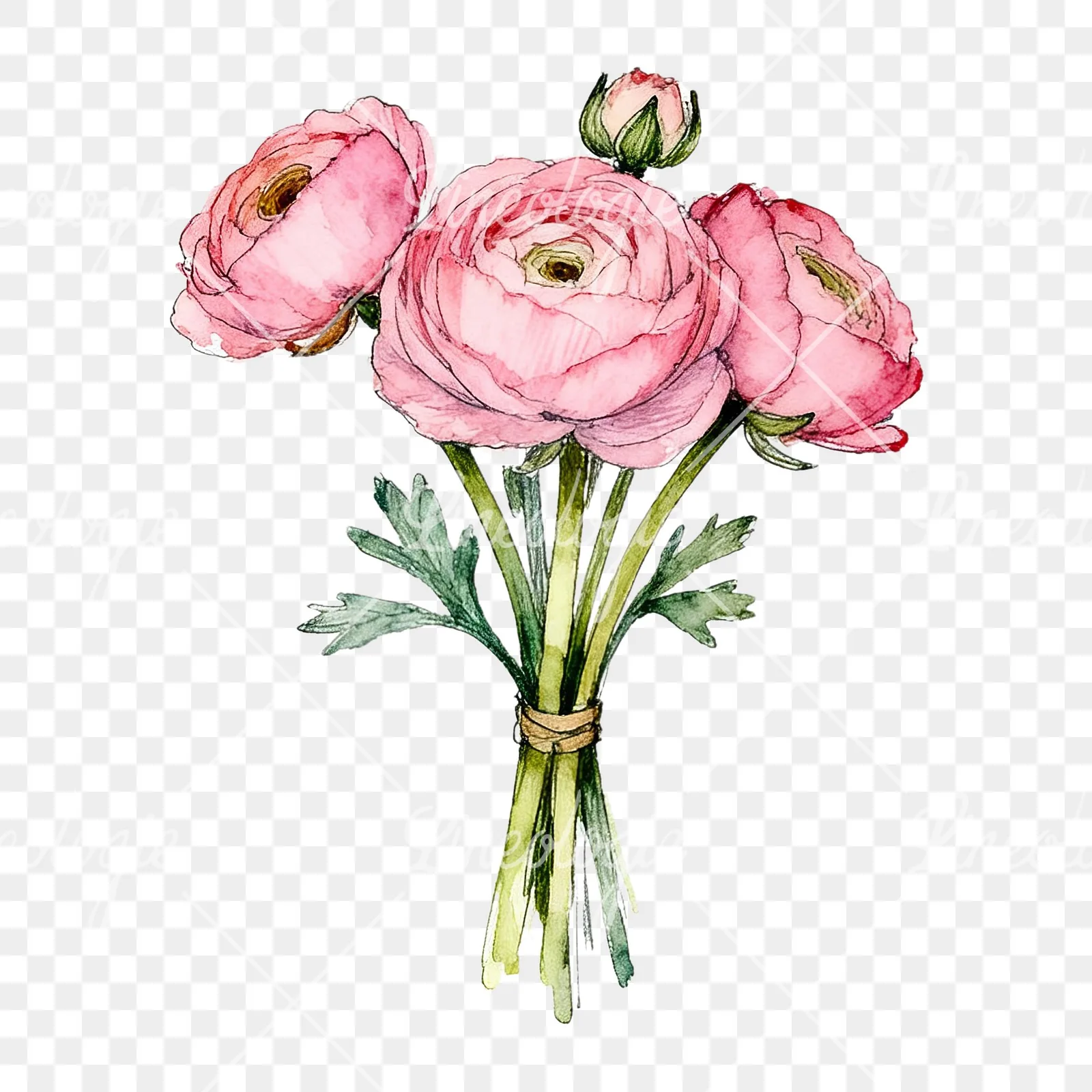 Watercolor pink ranunculus bouquet with sparse blooms clipart 7 of 9 on a transparent background (PNG)
