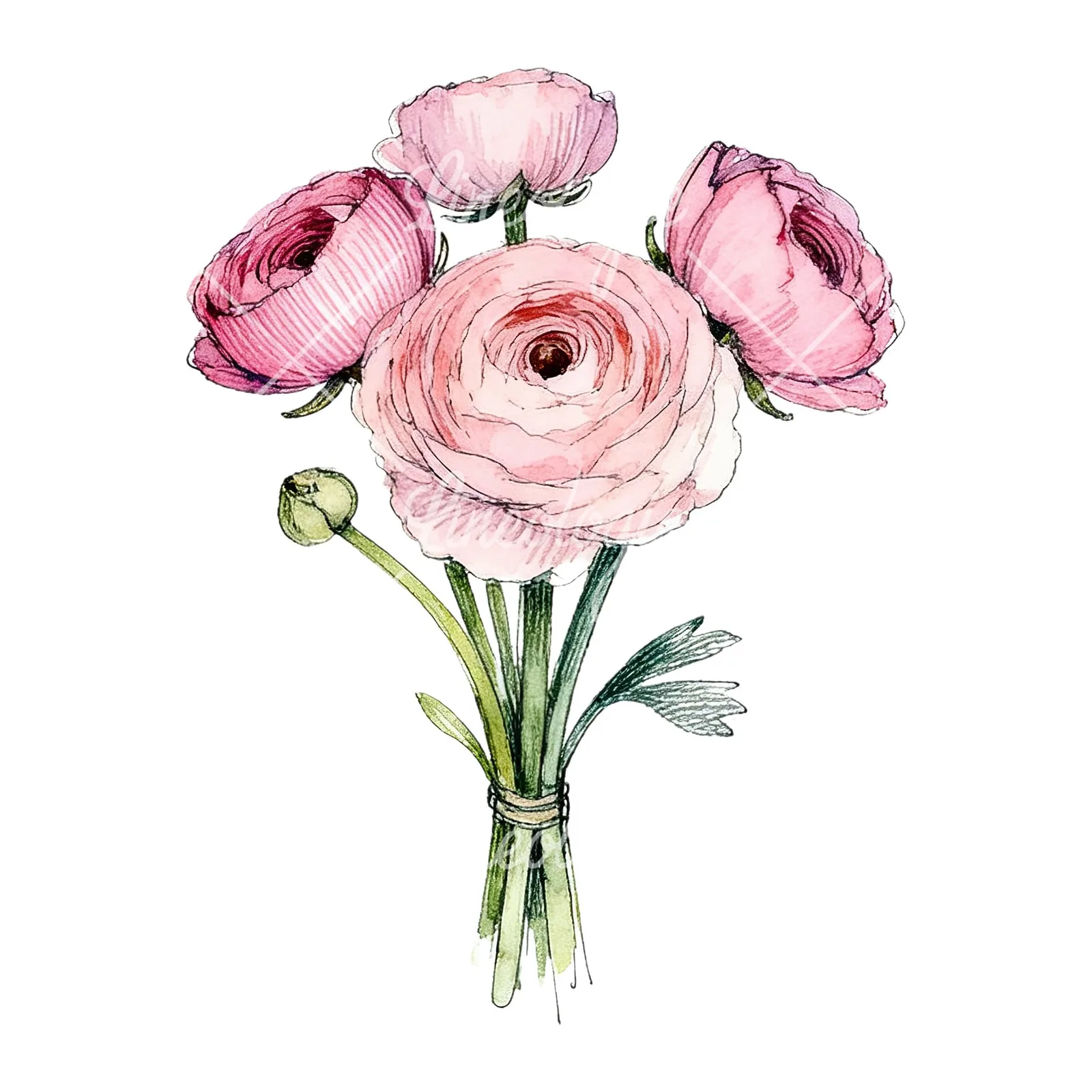 Watercolor pink ranunculus bouquet with sparse blooms clipart 8 of 9 on a white background (JPG)