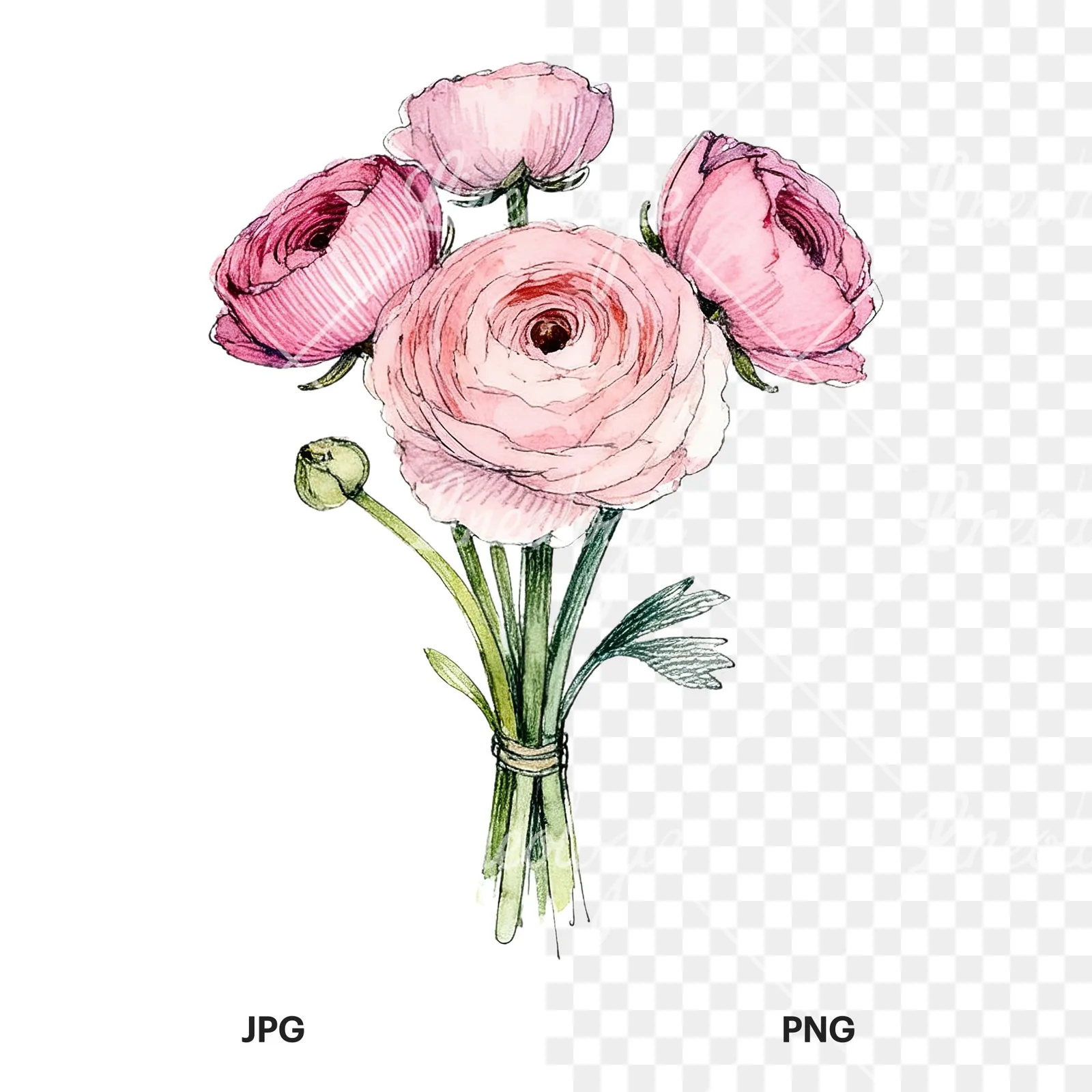 Watercolor pink ranunculus bouquet with sparse blooms clipart 8 of 9, as a JPG on white and a transparent PNG