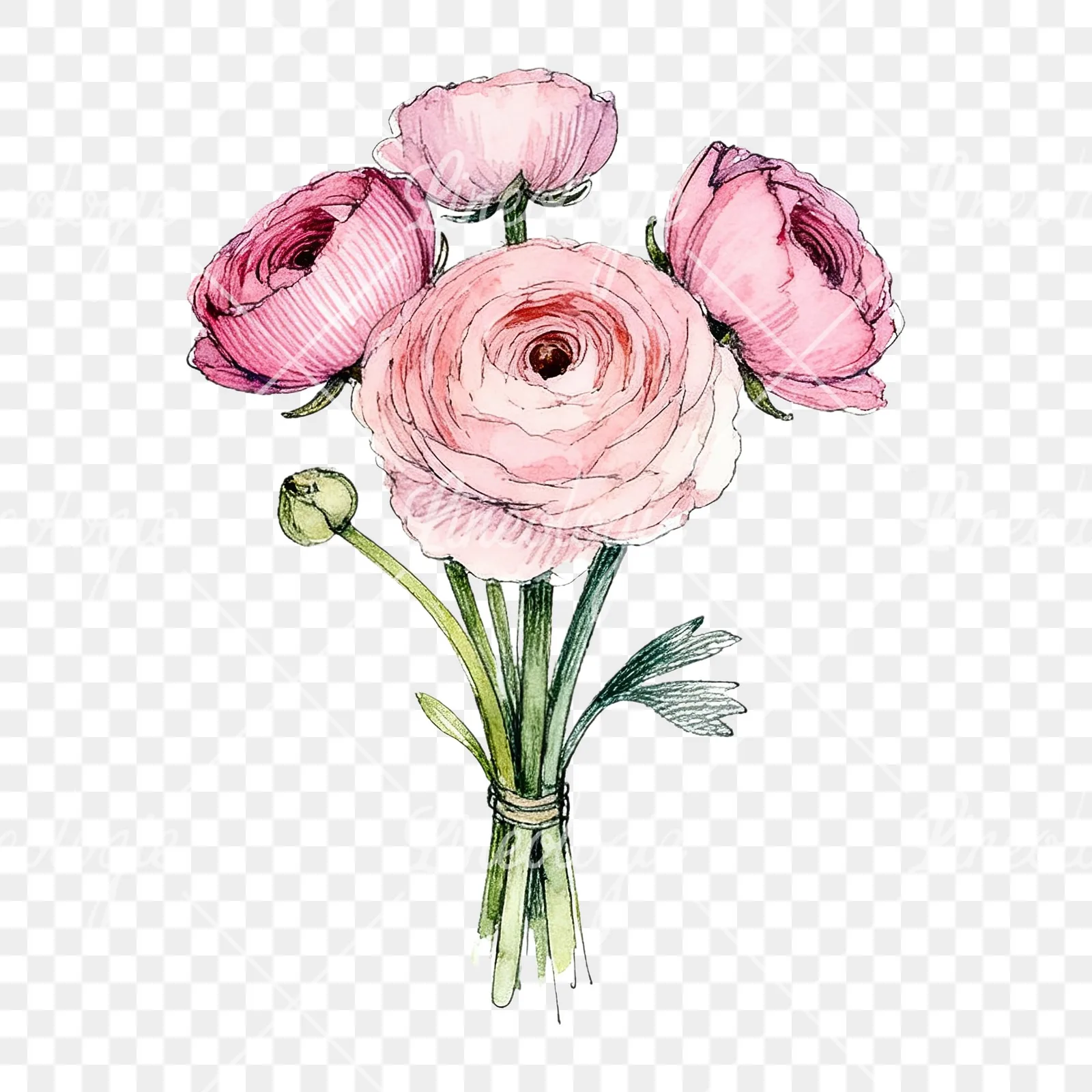 Watercolor pink ranunculus bouquet with sparse blooms clipart 8 of 9 on a transparent background (PNG)