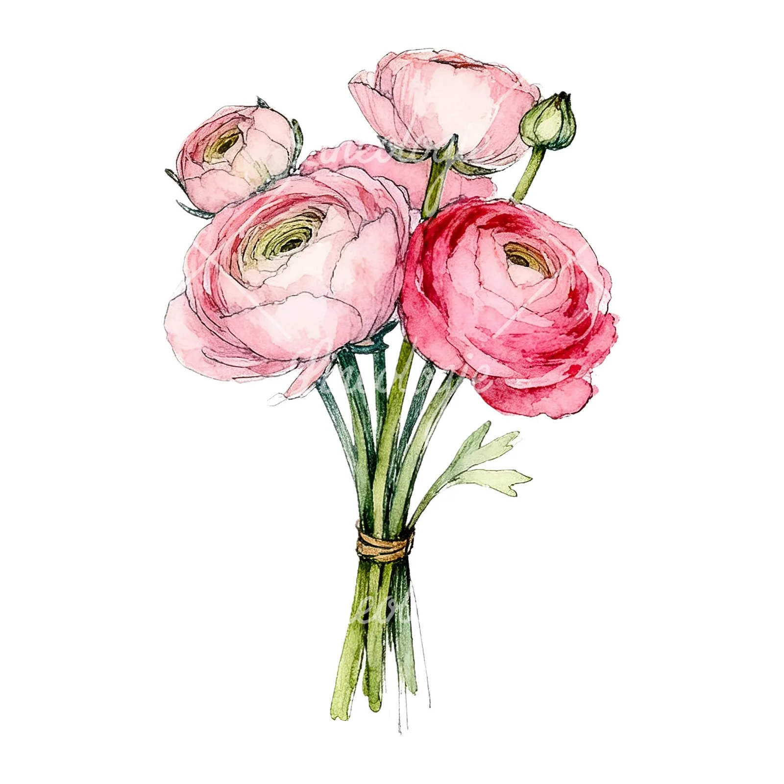 Watercolor pink ranunculus bouquet with sparse blooms clipart 9 of 9 on a white background (JPG)