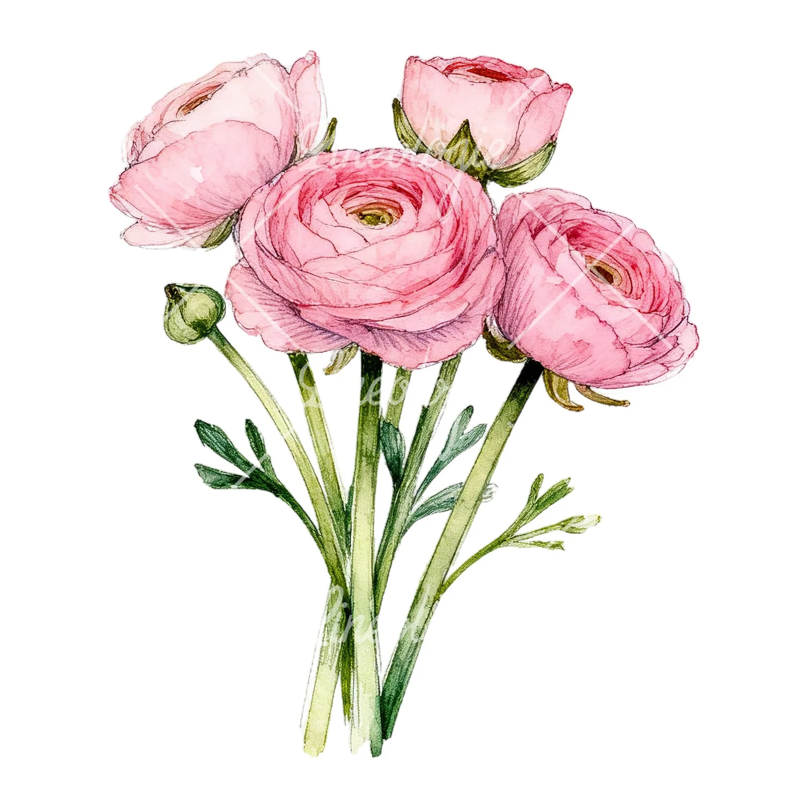 Watercolor pink ranunculus bouquet with open flowers clipart 1 of 9 on a white background (JPG)