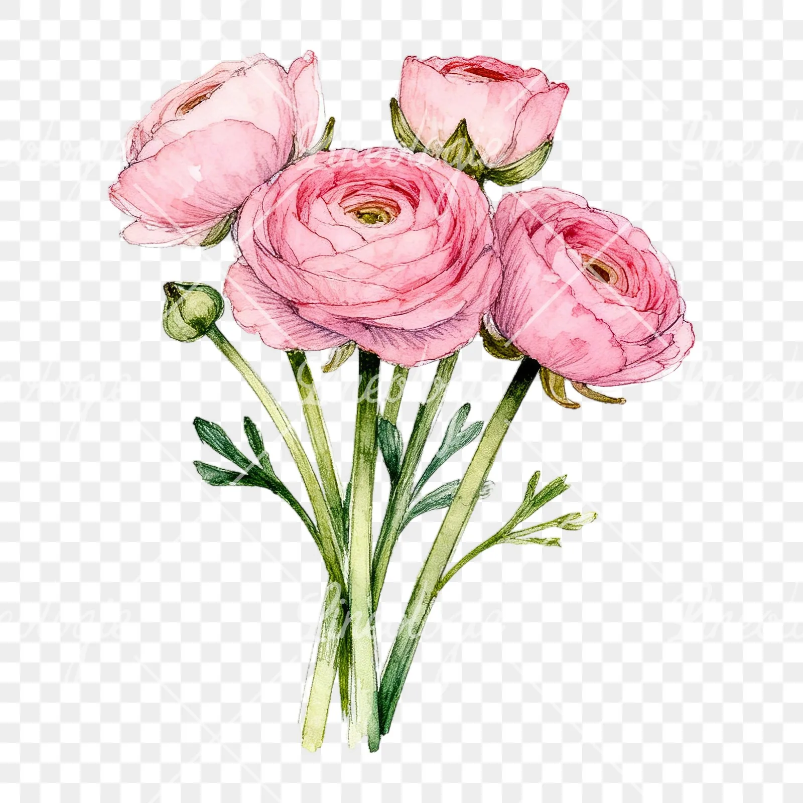 Watercolor pink ranunculus bouquet with open flowers clipart 1 of 9 on a transparent background (PNG)