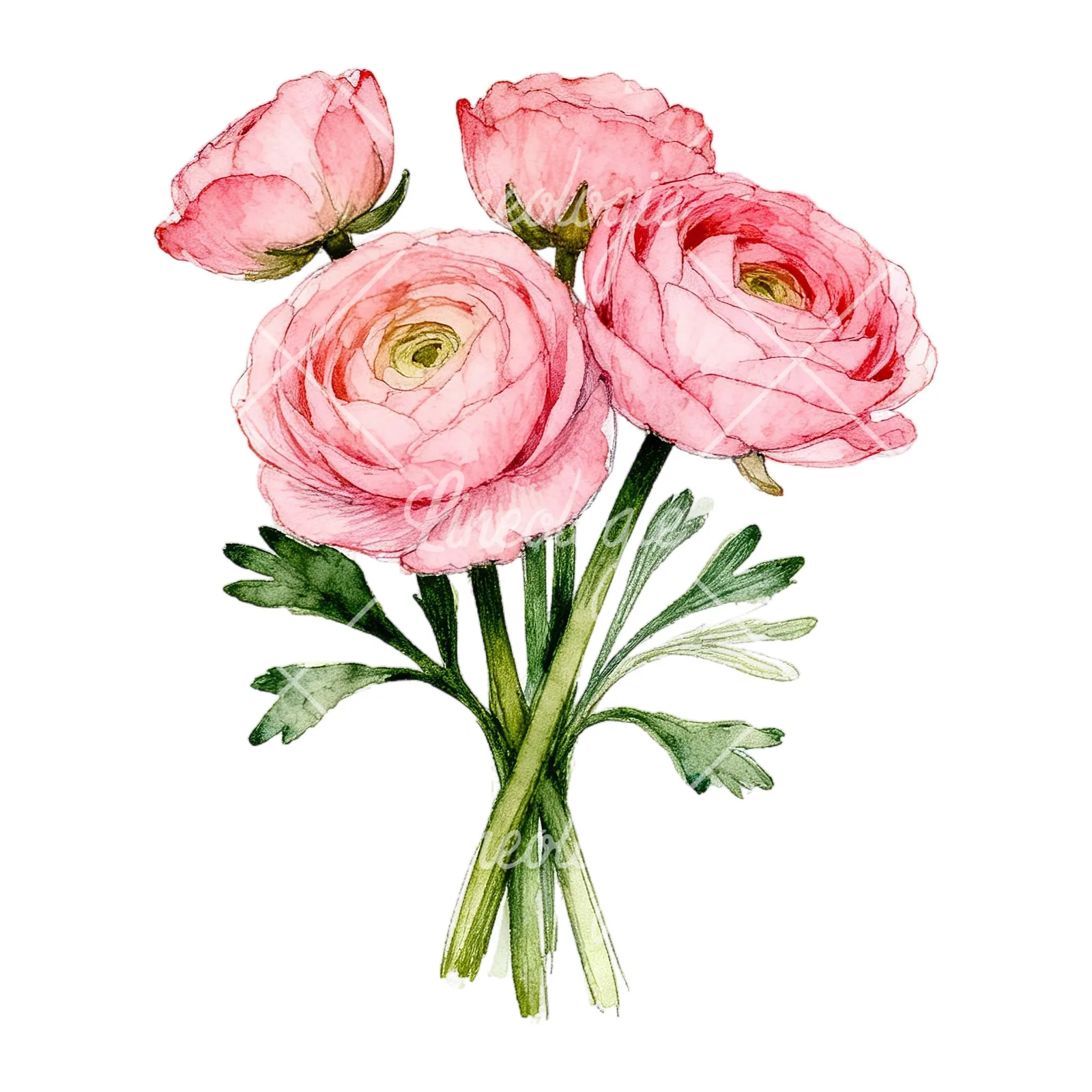 Watercolor pink ranunculus bouquet with open flowers clipart 2 of 9 on a white background (JPG)