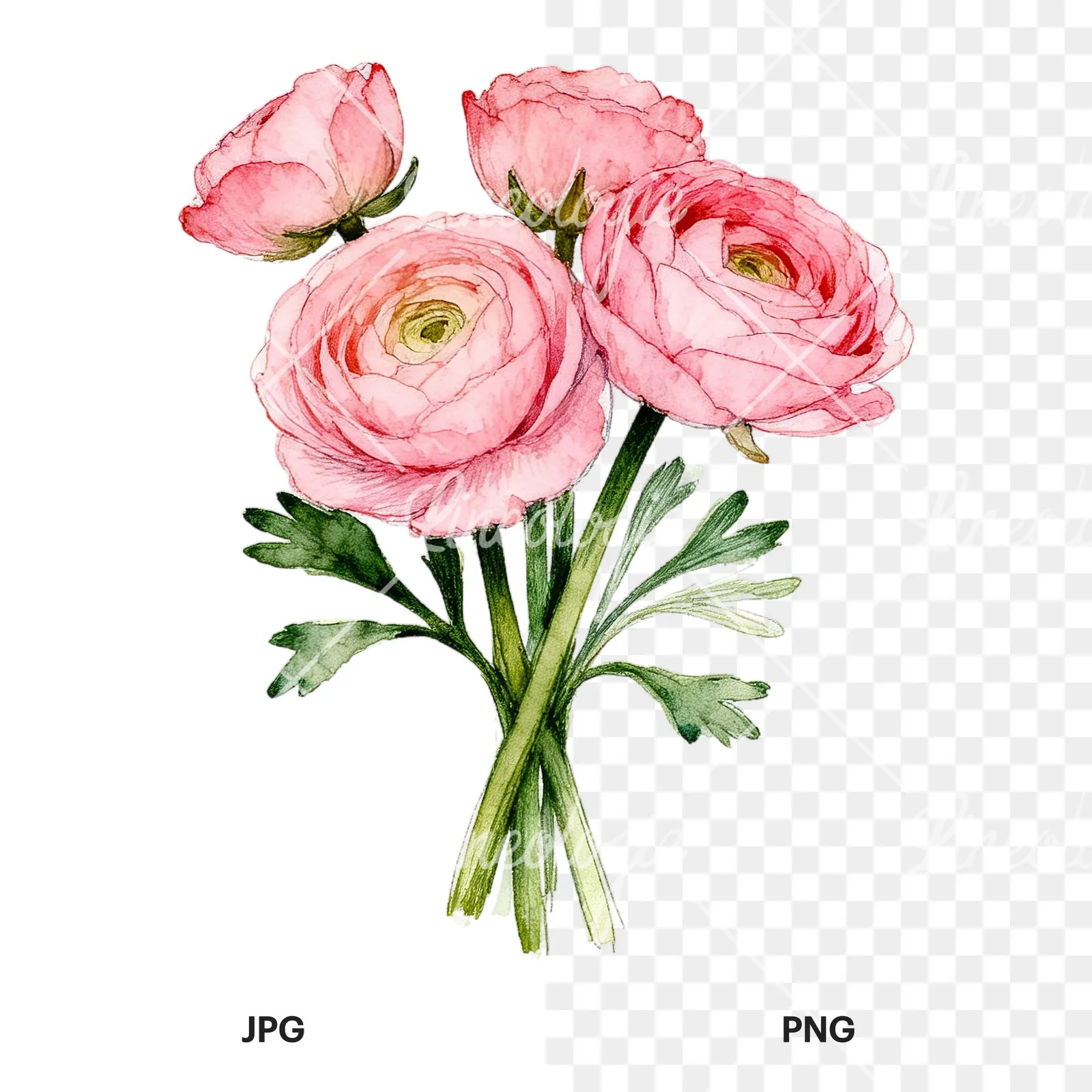 Watercolor pink ranunculus bouquet with open flowers clipart 2 of 9, as a JPG on white and a transparent PNG