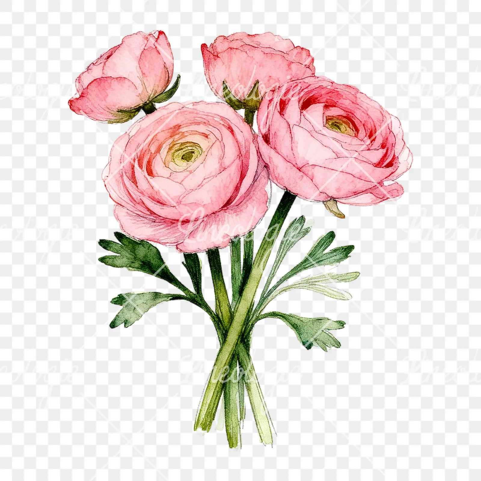 Watercolor pink ranunculus bouquet with open flowers clipart 2 of 9 on a transparent background (PNG)