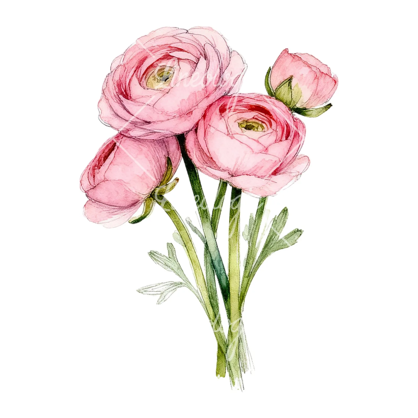 Watercolor pink ranunculus bouquet with open flowers clipart 3 of 9 on a white background (JPG)