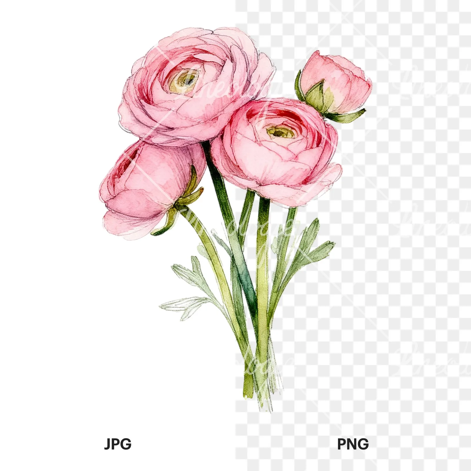 Watercolor pink ranunculus bouquet with open flowers clipart 3 of 9, as a JPG on white and a transparent PNG