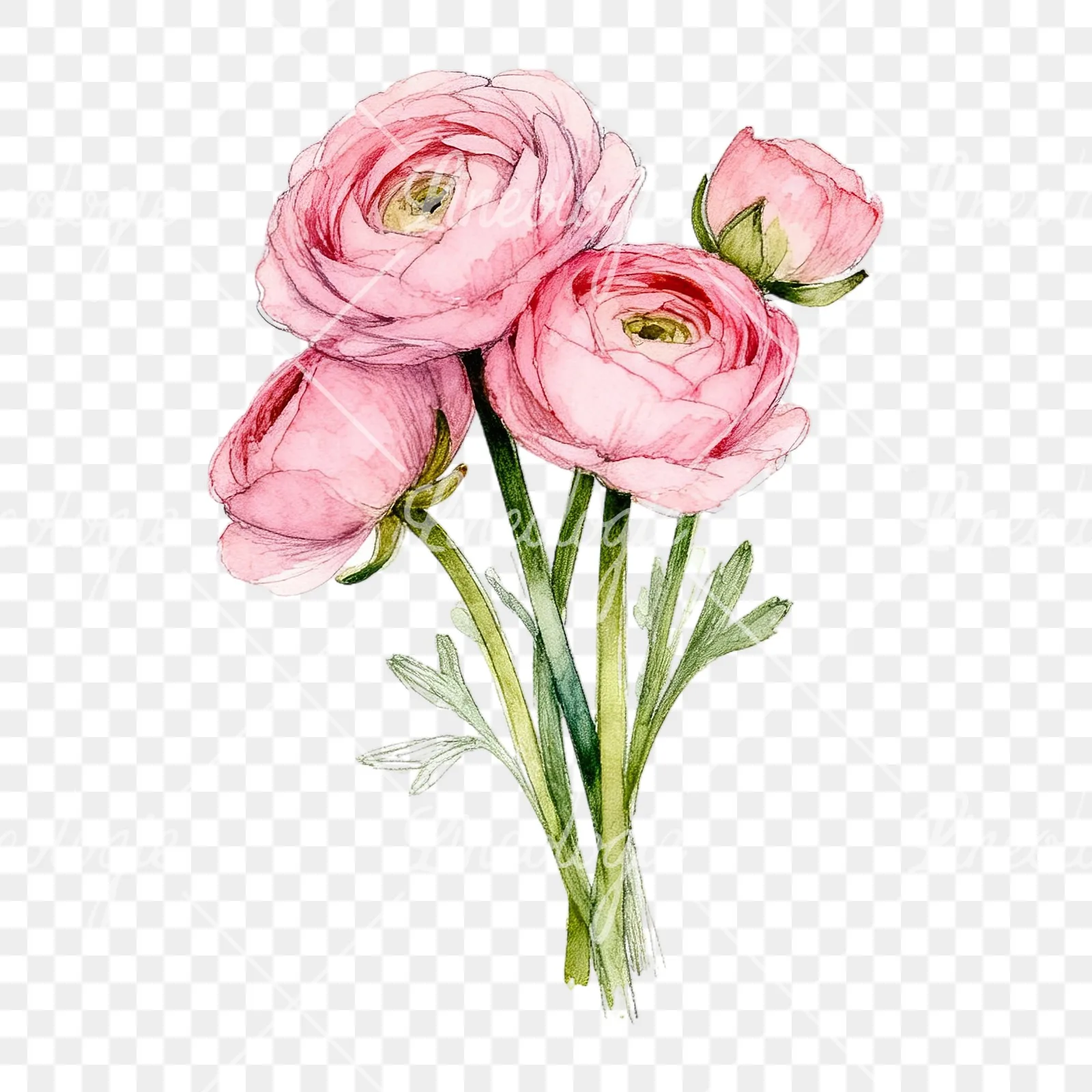 Watercolor pink ranunculus bouquet with open flowers clipart 3 of 9 on a transparent background (PNG)