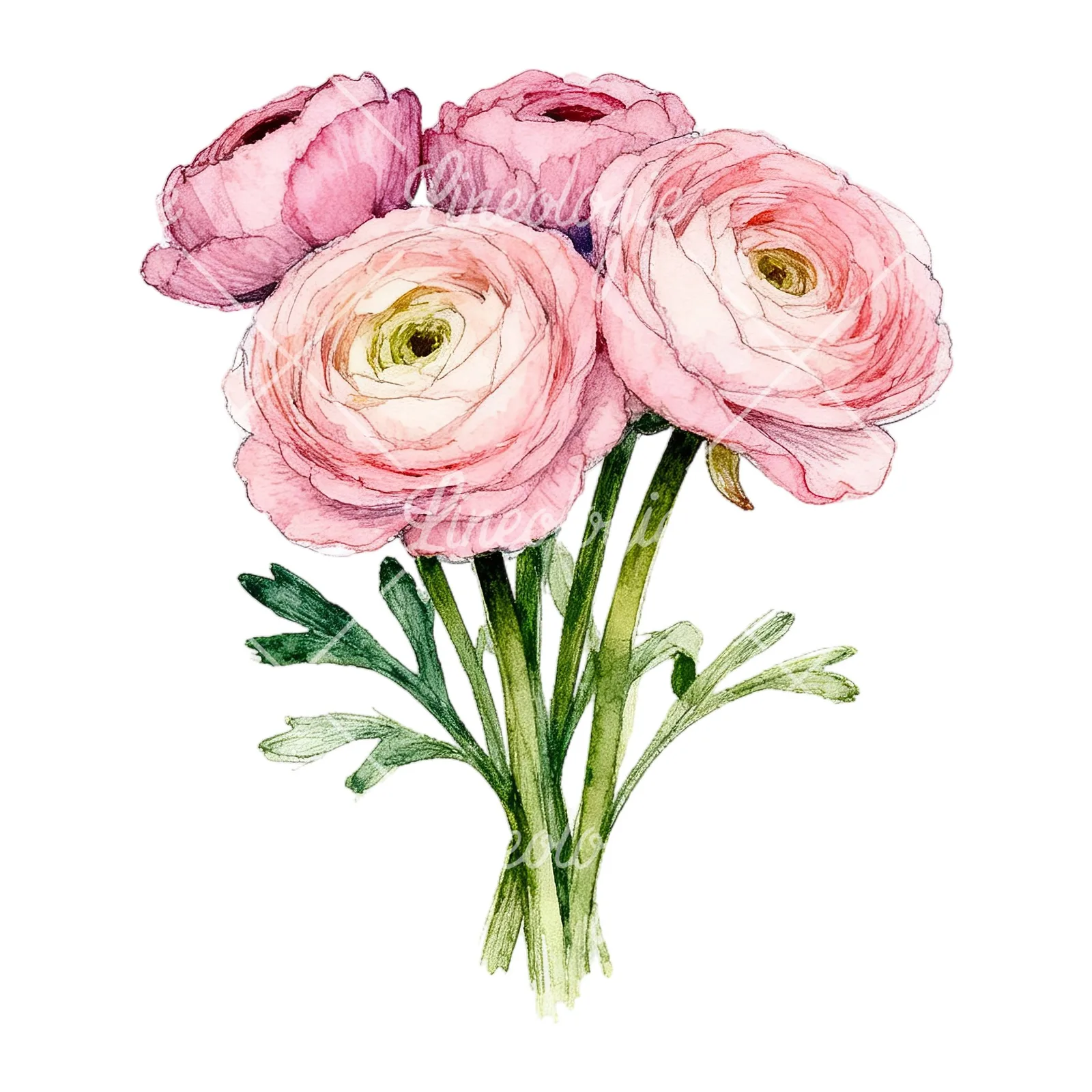 Watercolor pink ranunculus bouquet with open flowers clipart 4 of 9 on a white background (JPG)