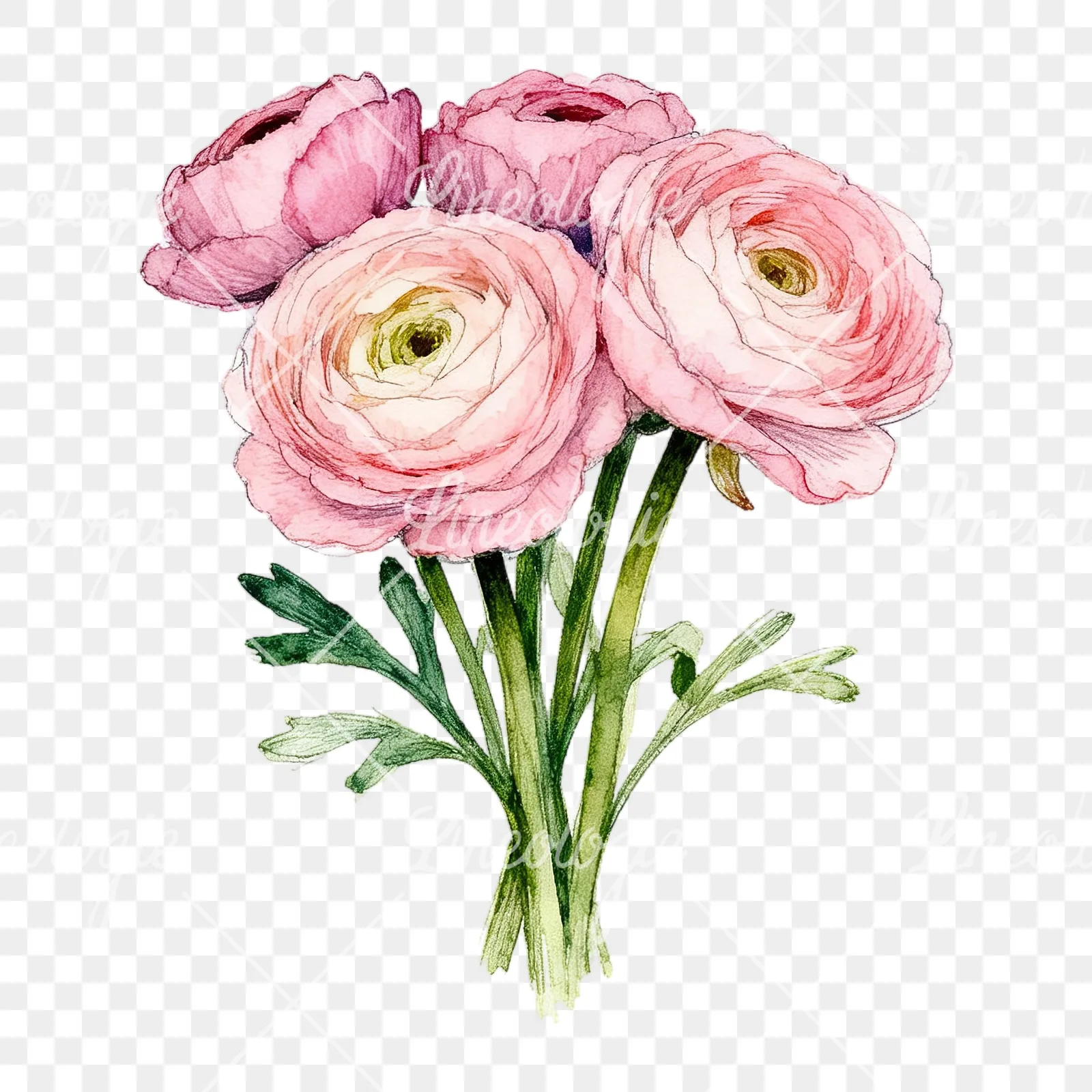 Watercolor pink ranunculus bouquet with open flowers clipart 4 of 9 on a transparent background (PNG)