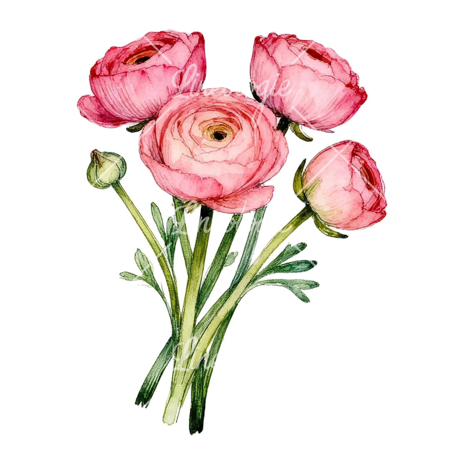 Watercolor pink ranunculus bouquet with open flowers clipart 5 of 9 on a white background (JPG)