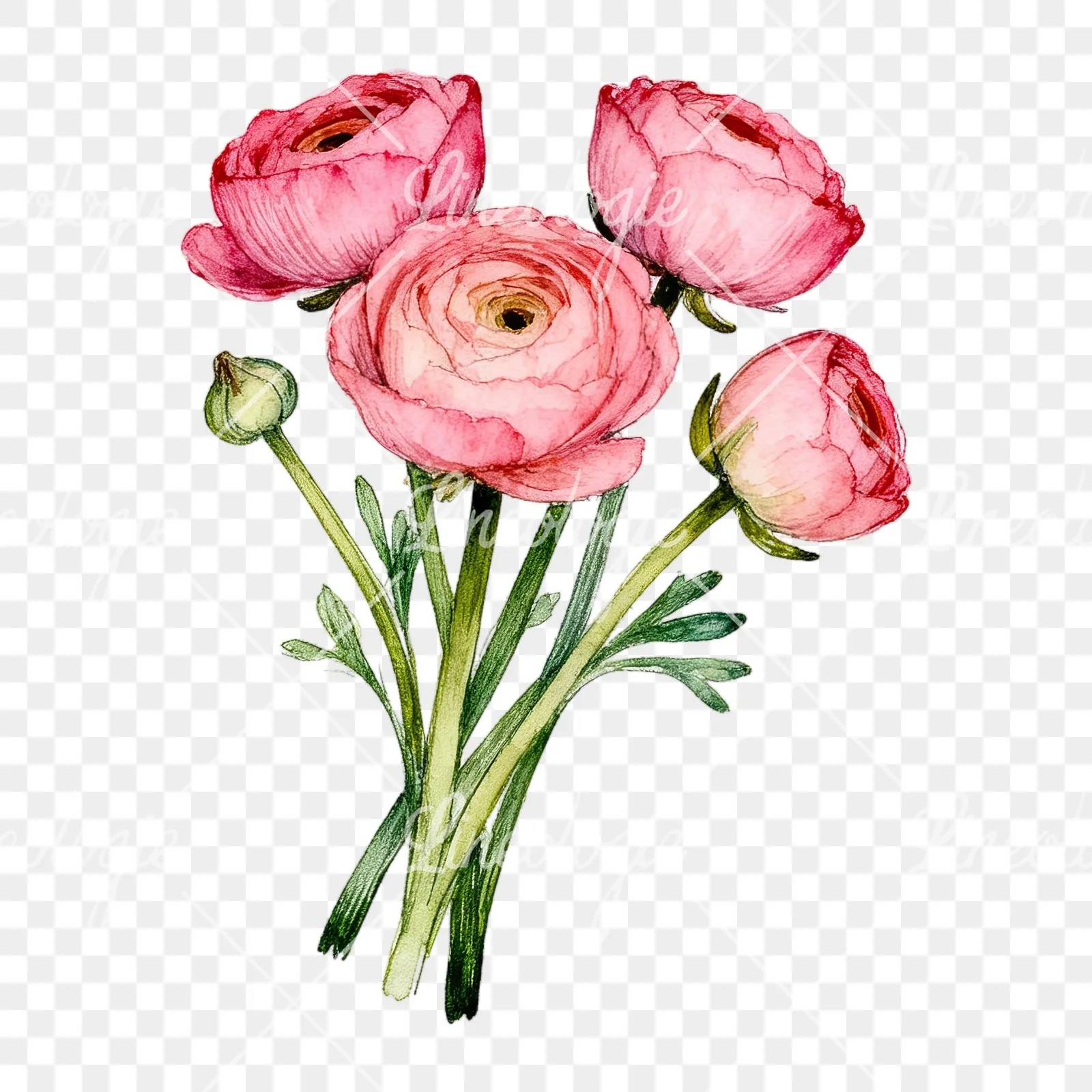 Watercolor pink ranunculus bouquet with open flowers clipart 5 of 9 on a transparent background (PNG)