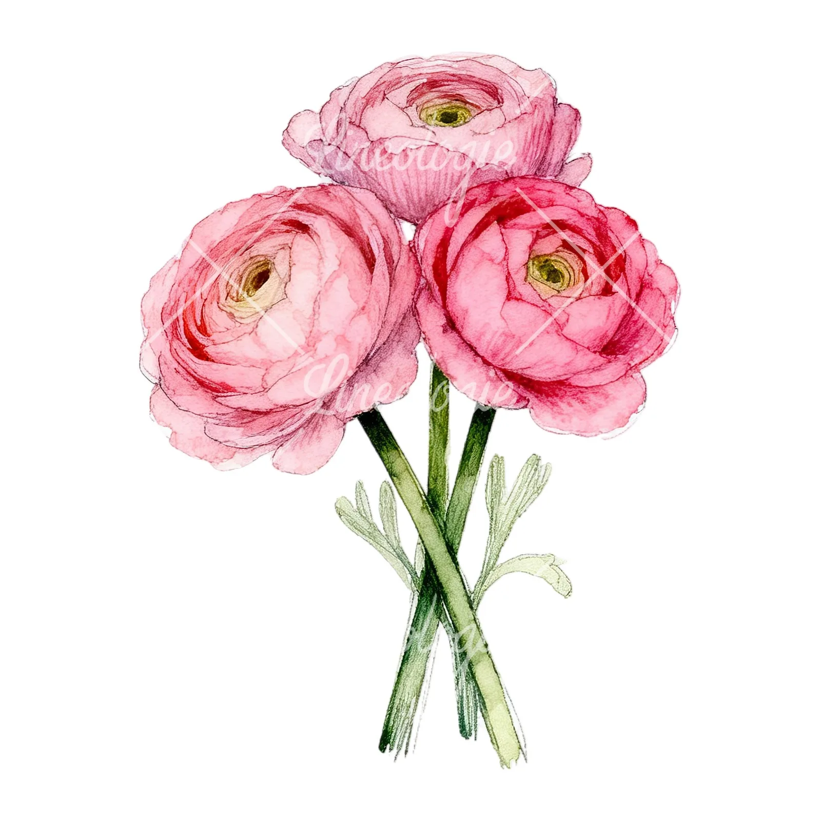 Watercolor pink ranunculus bouquet with open flowers clipart 6 of 9 on a white background (JPG)