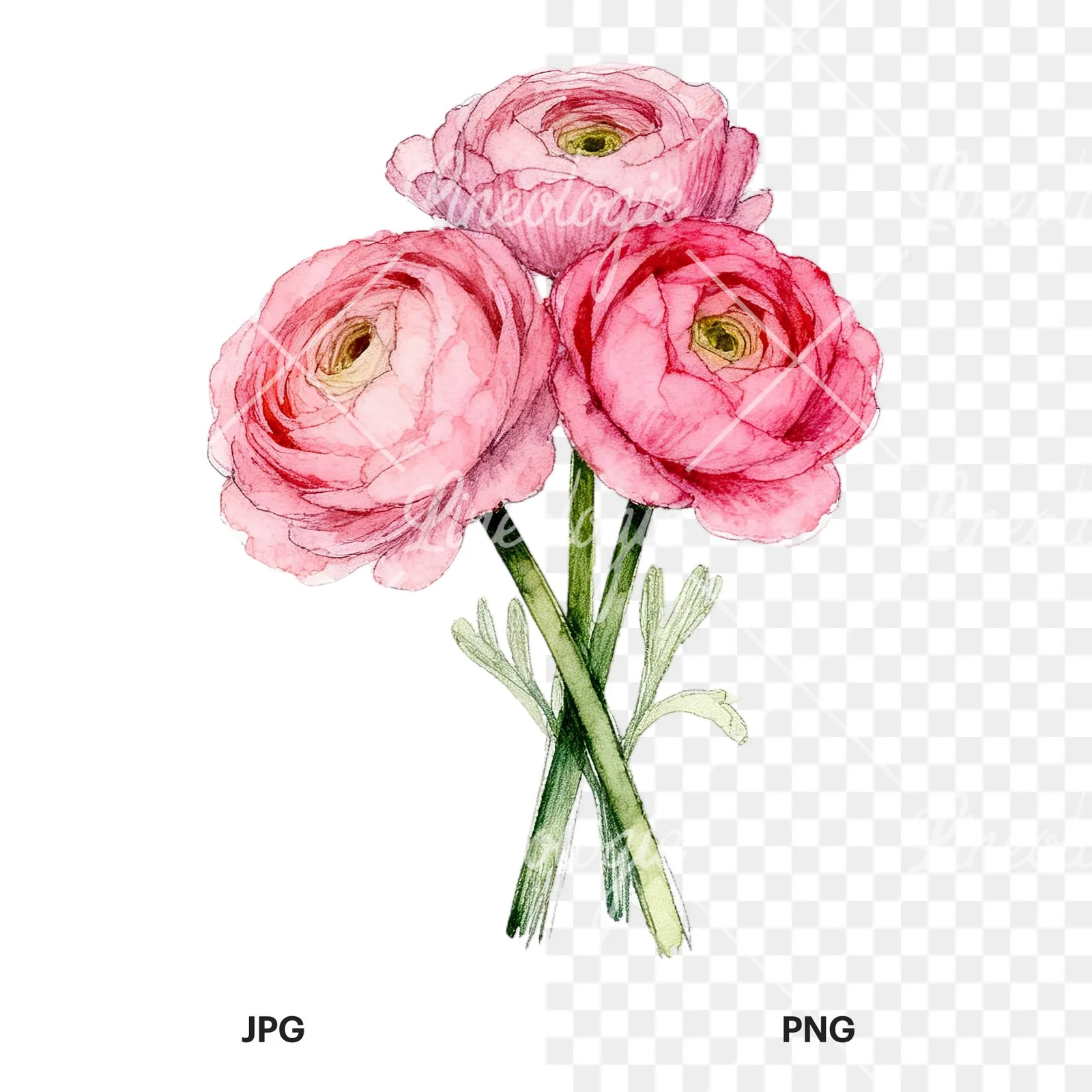 Watercolor pink ranunculus bouquet with open flowers clipart 6 of 9, as a JPG on white and a transparent PNG