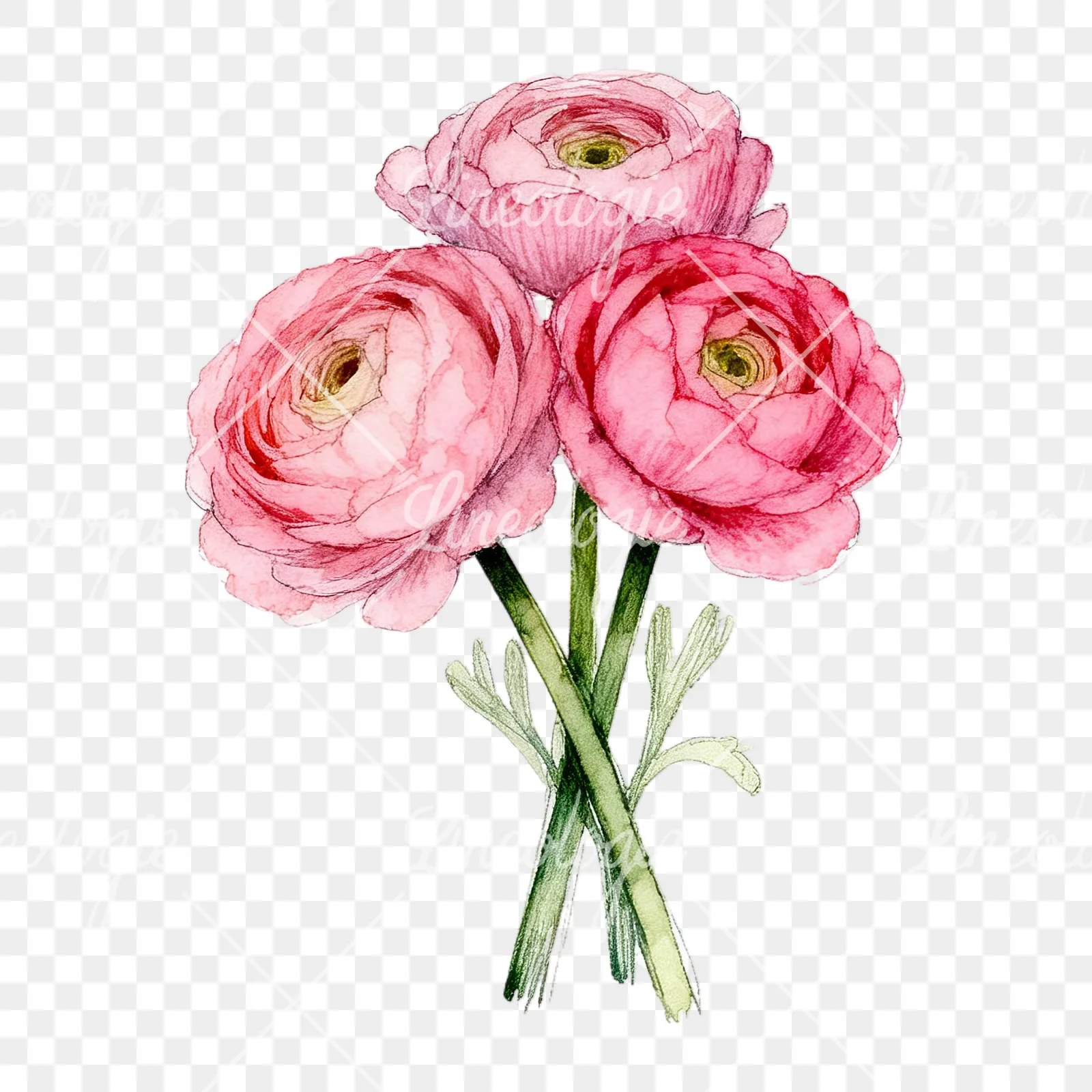 Watercolor pink ranunculus bouquet with open flowers clipart 6 of 9 on a transparent background (PNG)