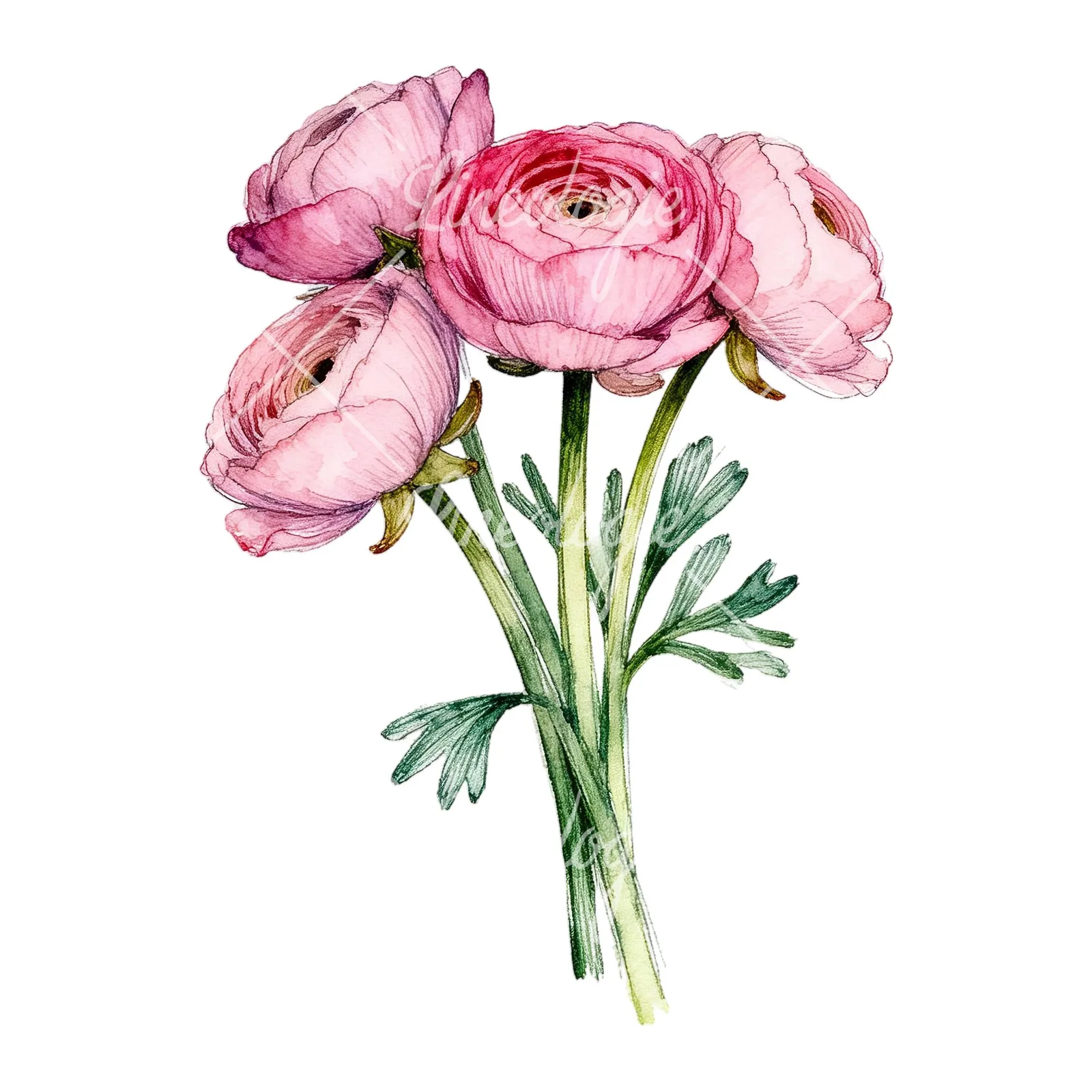 Watercolor pink ranunculus bouquet with open flowers clipart 7 of 9 on a white background (JPG)