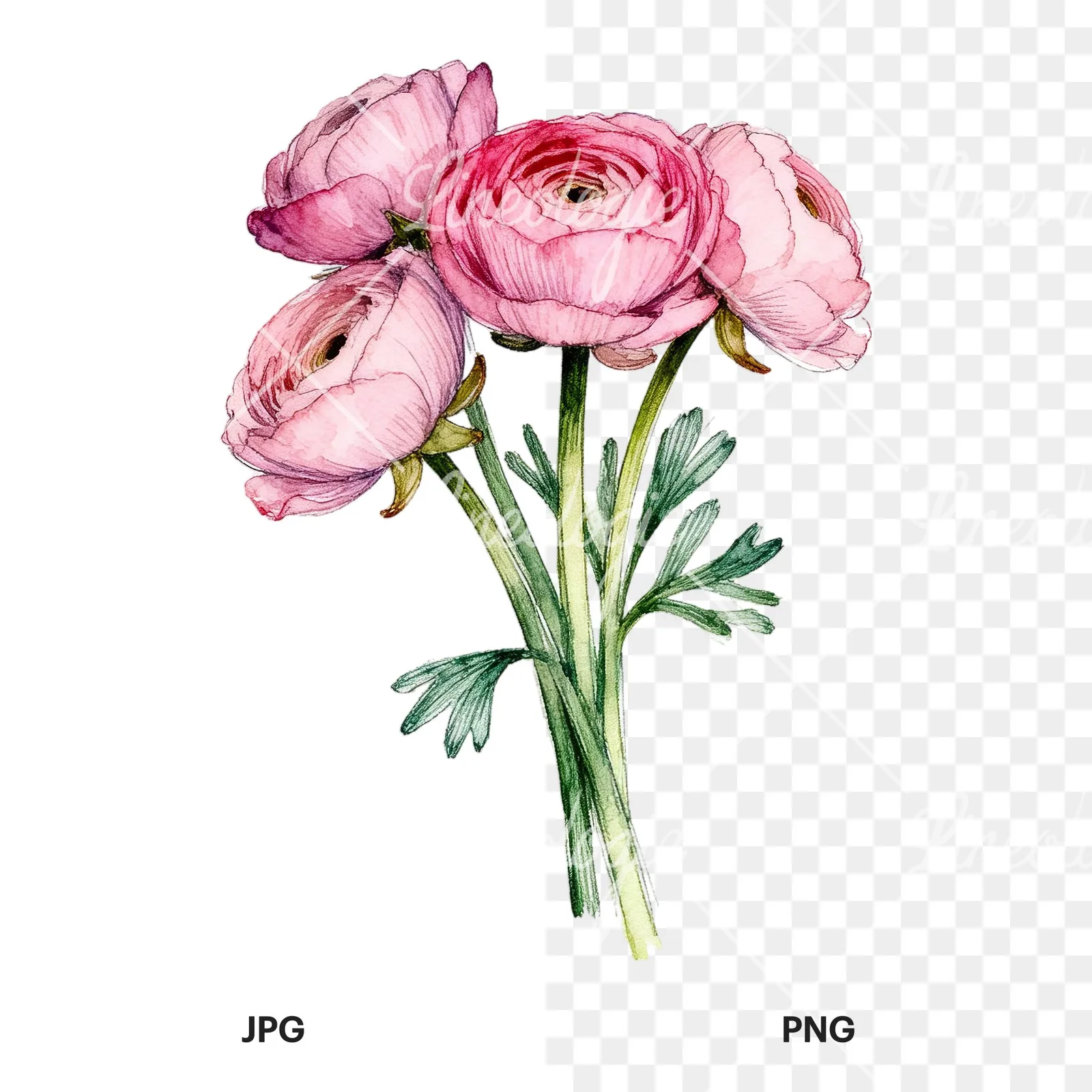 Watercolor pink ranunculus bouquet with open flowers clipart 7 of 9, as a JPG on white and a transparent PNG
