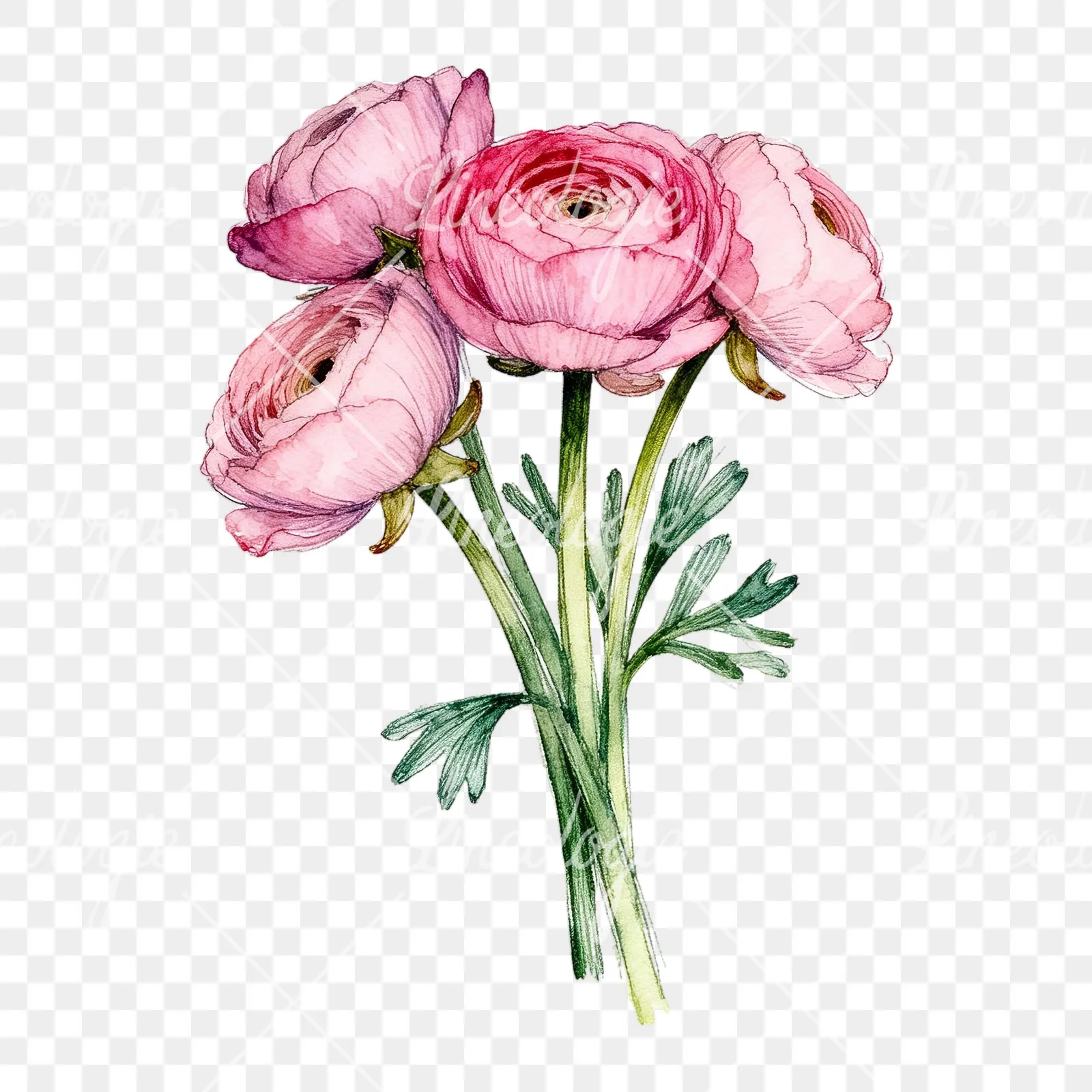 Watercolor pink ranunculus bouquet with open flowers clipart 7 of 9 on a transparent background (PNG)