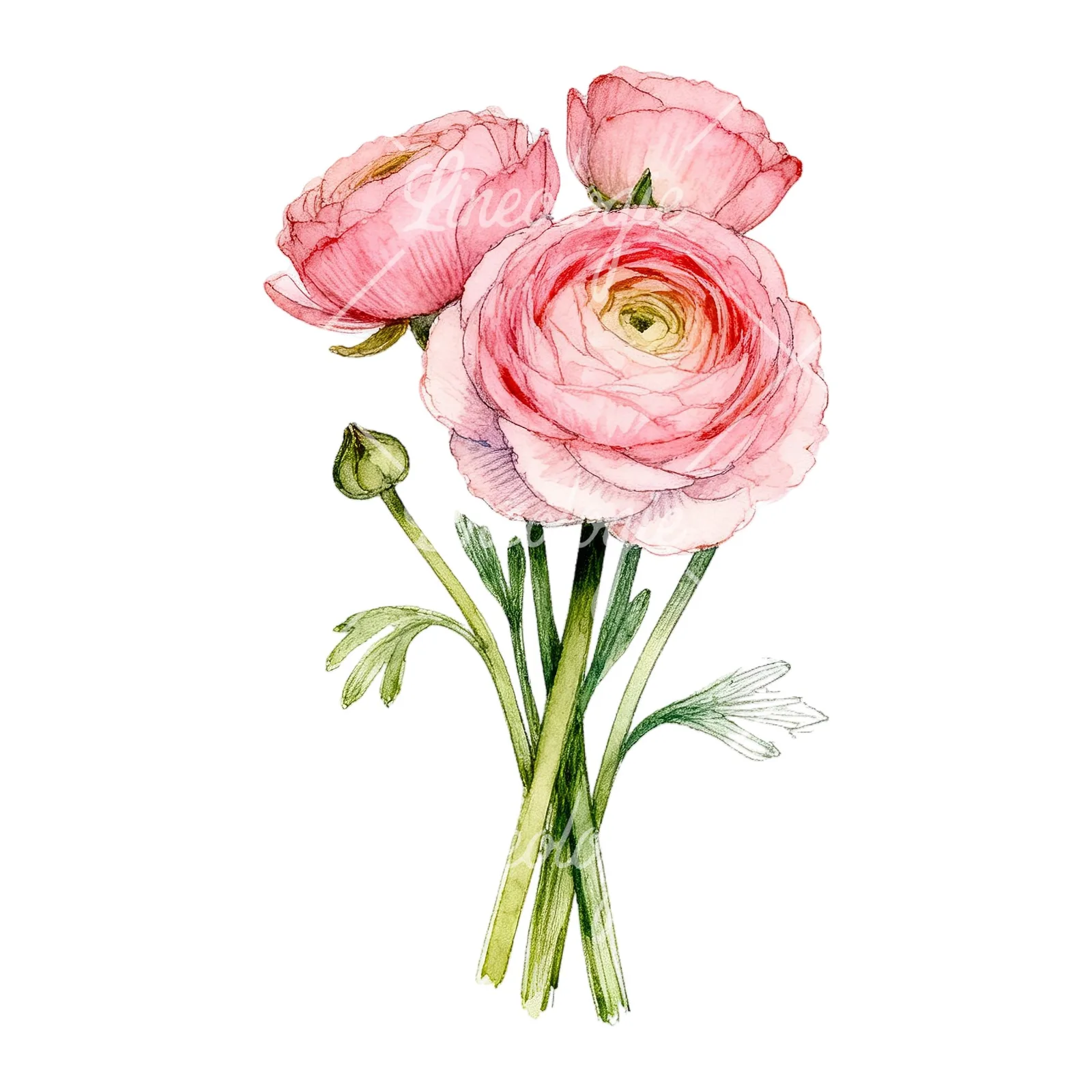 Watercolor pink ranunculus bouquet with open flowers clipart 8 of 9 on a white background (JPG)